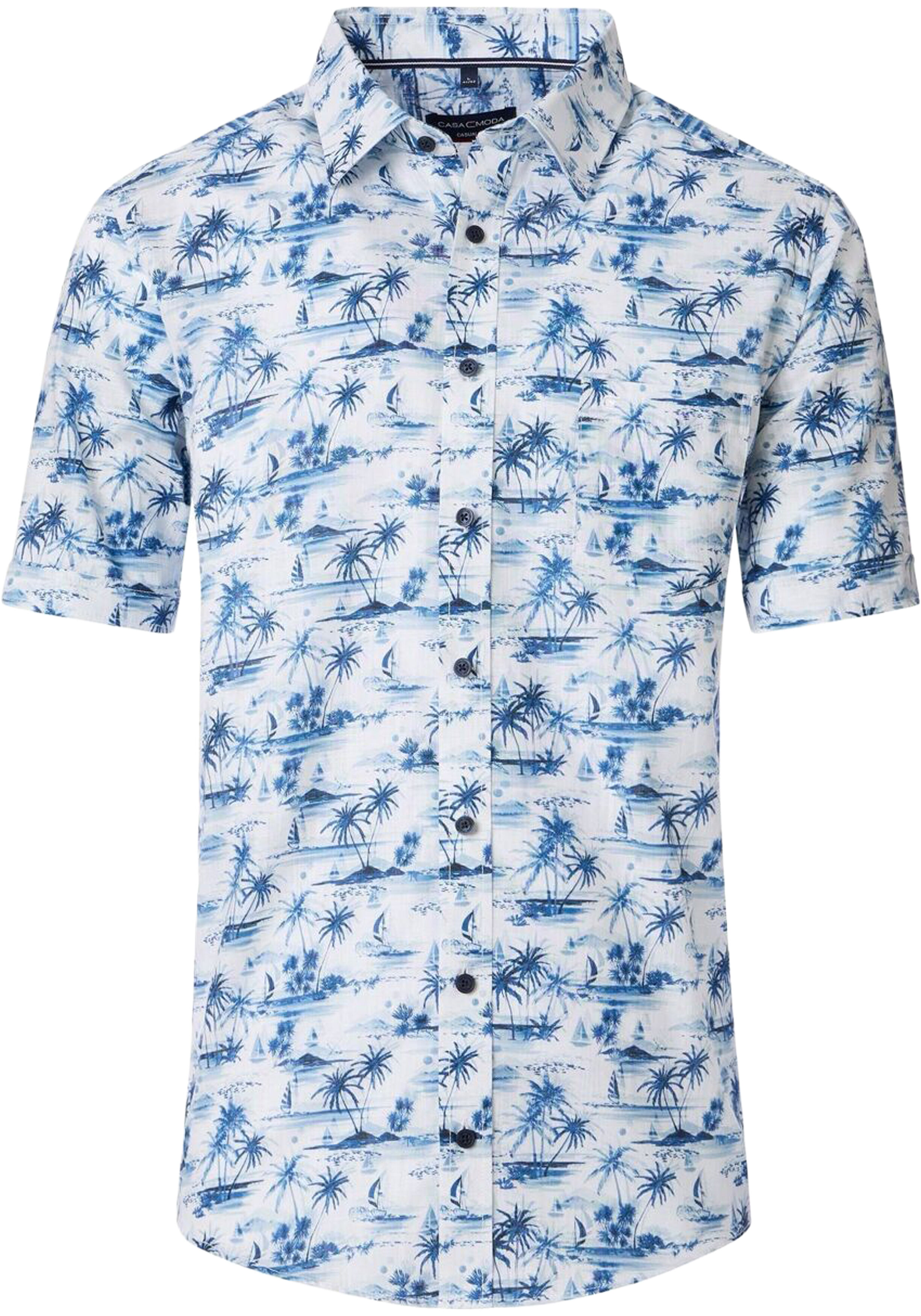 CASA MODA Sport casual fit overhemd, korte mouw, chambray, wit met licht- en donkerblauw palmbomen dessin