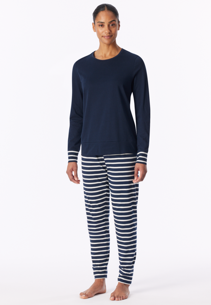 SCHIESSER dames Cotton Essentials Pyjama lang, dames pyjama set, nachtblauw gestreept