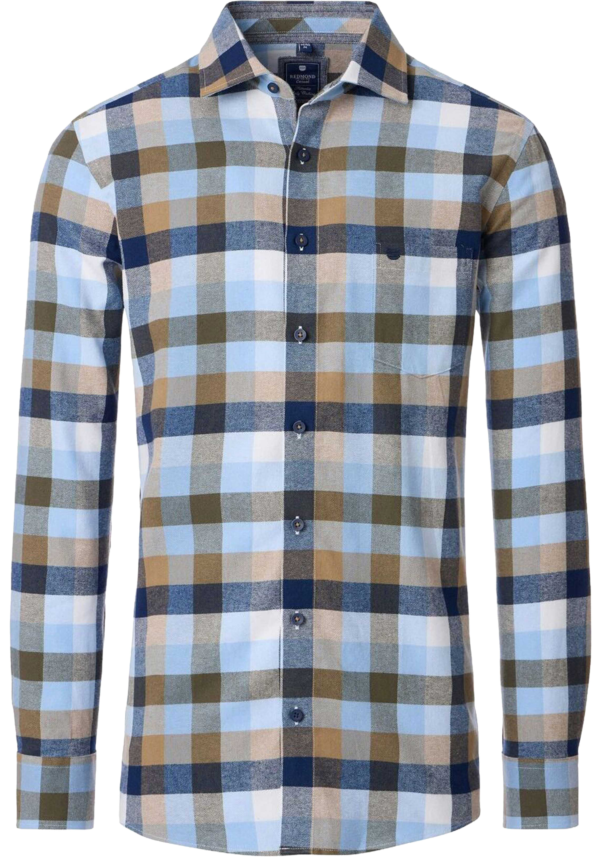 Redmond comfort fit overhemd, flanel, blauw, groen en beige geruit