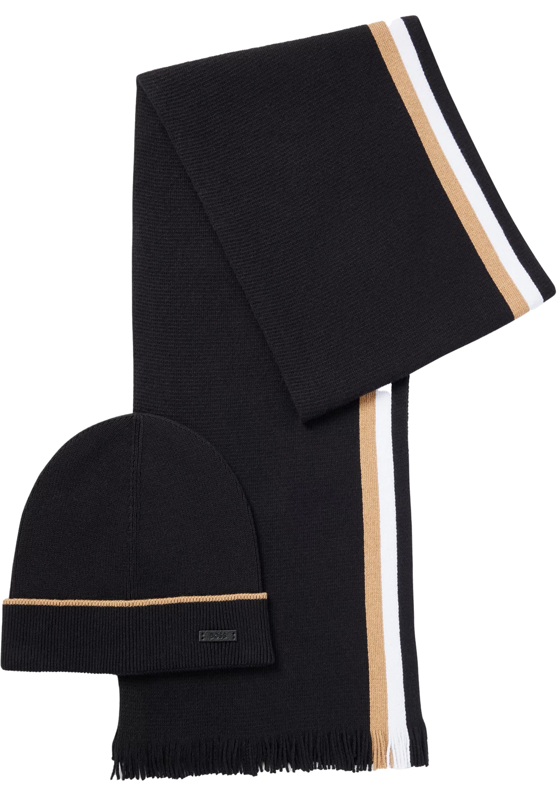 1-4063538780178-hugo_boss-n23_HR HUGO BOSS muts en sjaal katoenmengsel, heren muts met omslag en gebreide sjaal, zwart