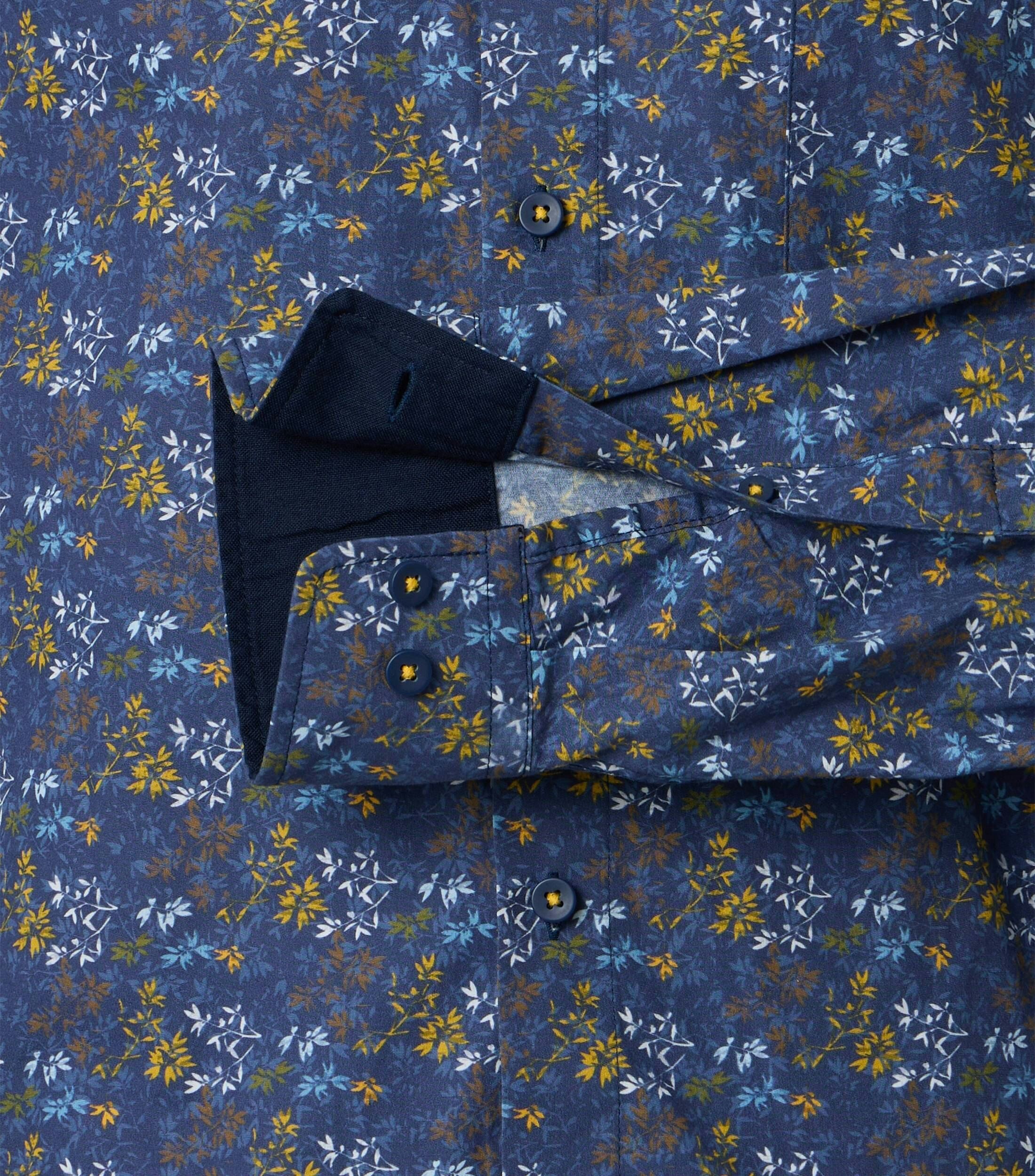 Redmond comfort fit overhemd, popeline, donkerblauw met geel en bruin dessin