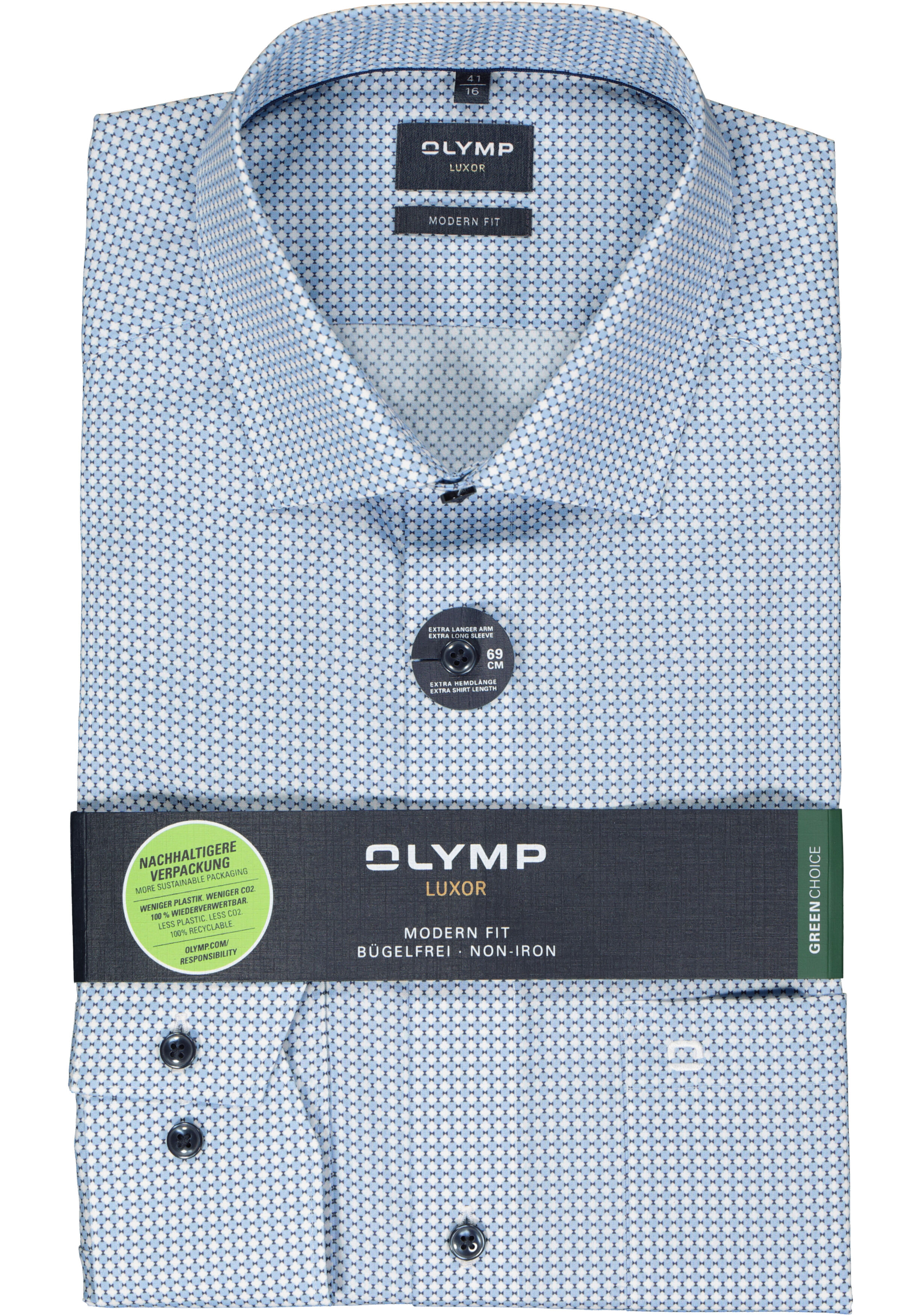 OLYMP modern fit overhemd, mouwlengte 7, popeline, wit met blauw dessin