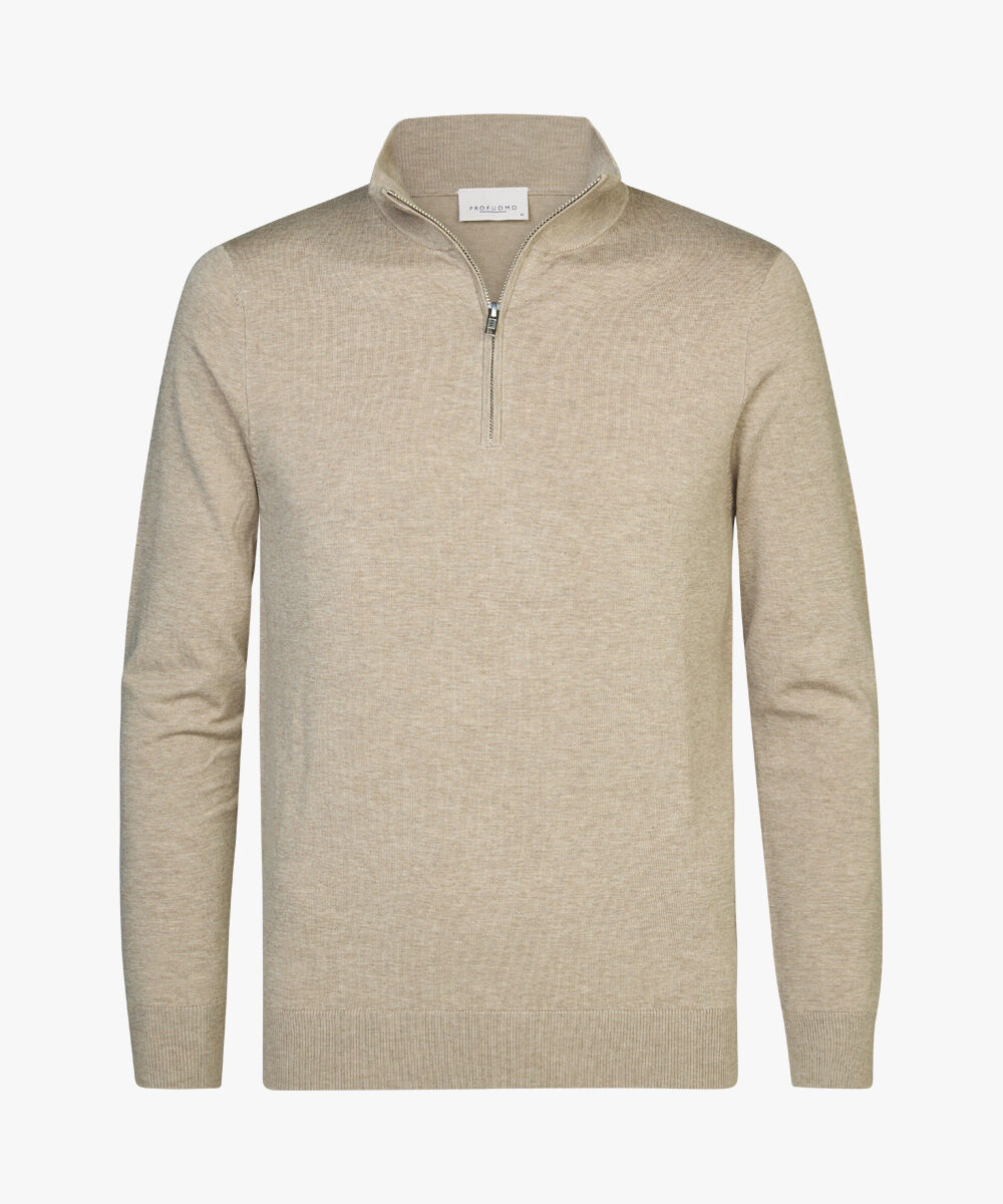 Profuomo heren trui lyocellmengsel, slim fit trui met korte rits, beige