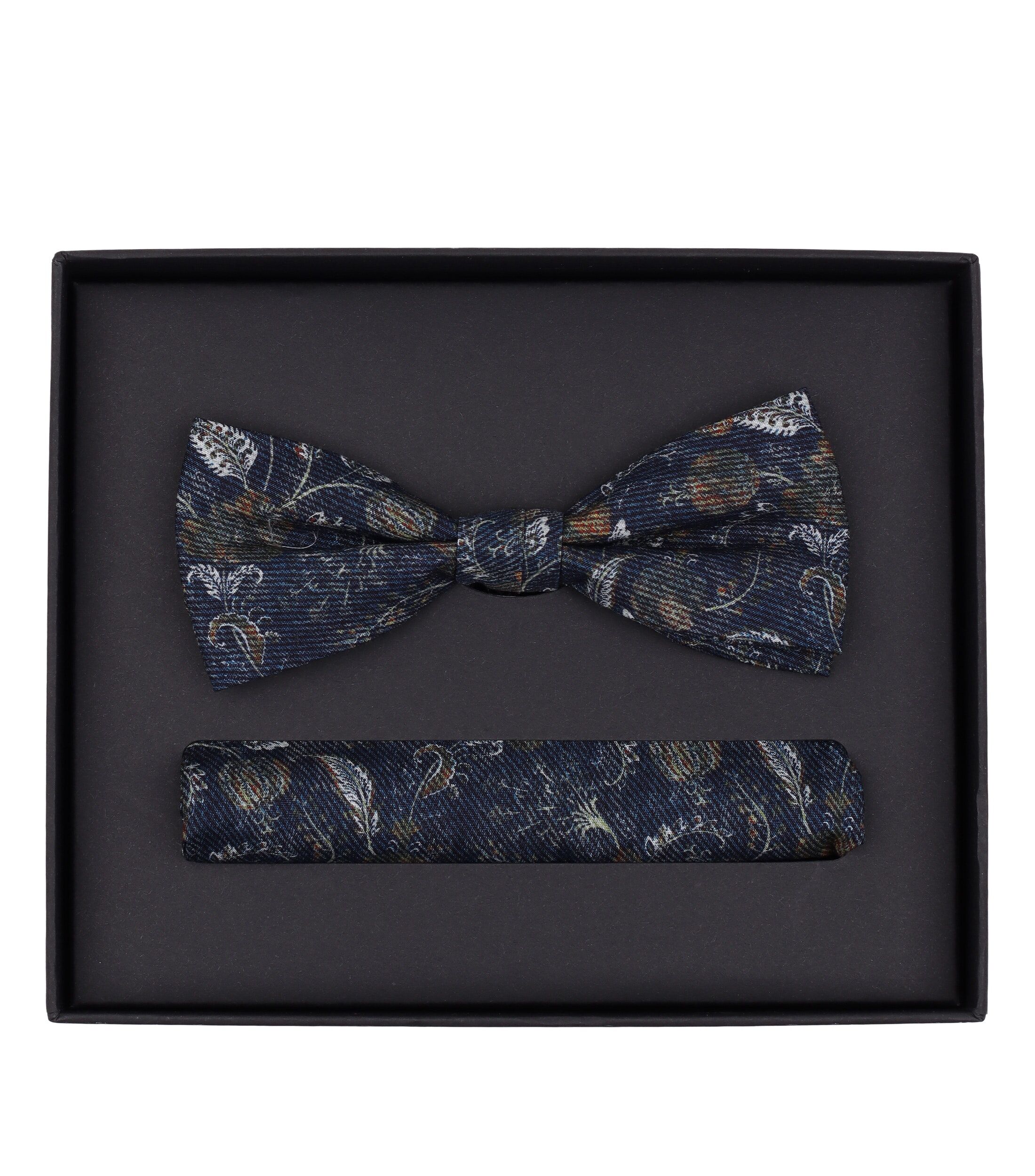VENTI set met vlinderdas en pochet, donkerblauw met wit, groen en oranje dessin