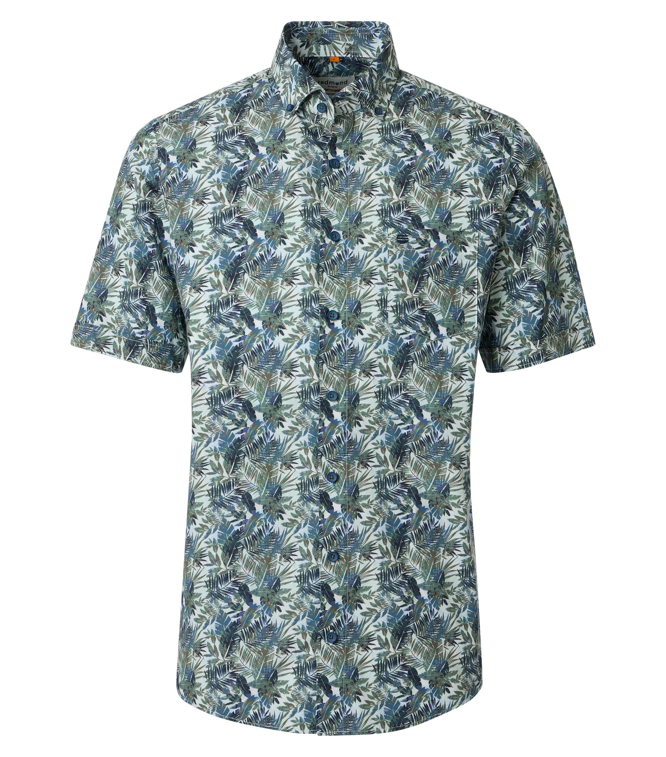 Redmond comfort fit overhemd, korte mouw, popeline, blauw met groen dessin