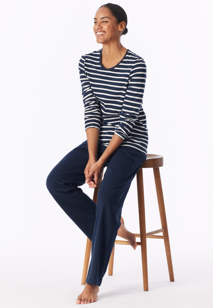 SCHIESSER dames Cotton Essentials Pyjama lang, dames pyjama set, nachtblauw gestreept