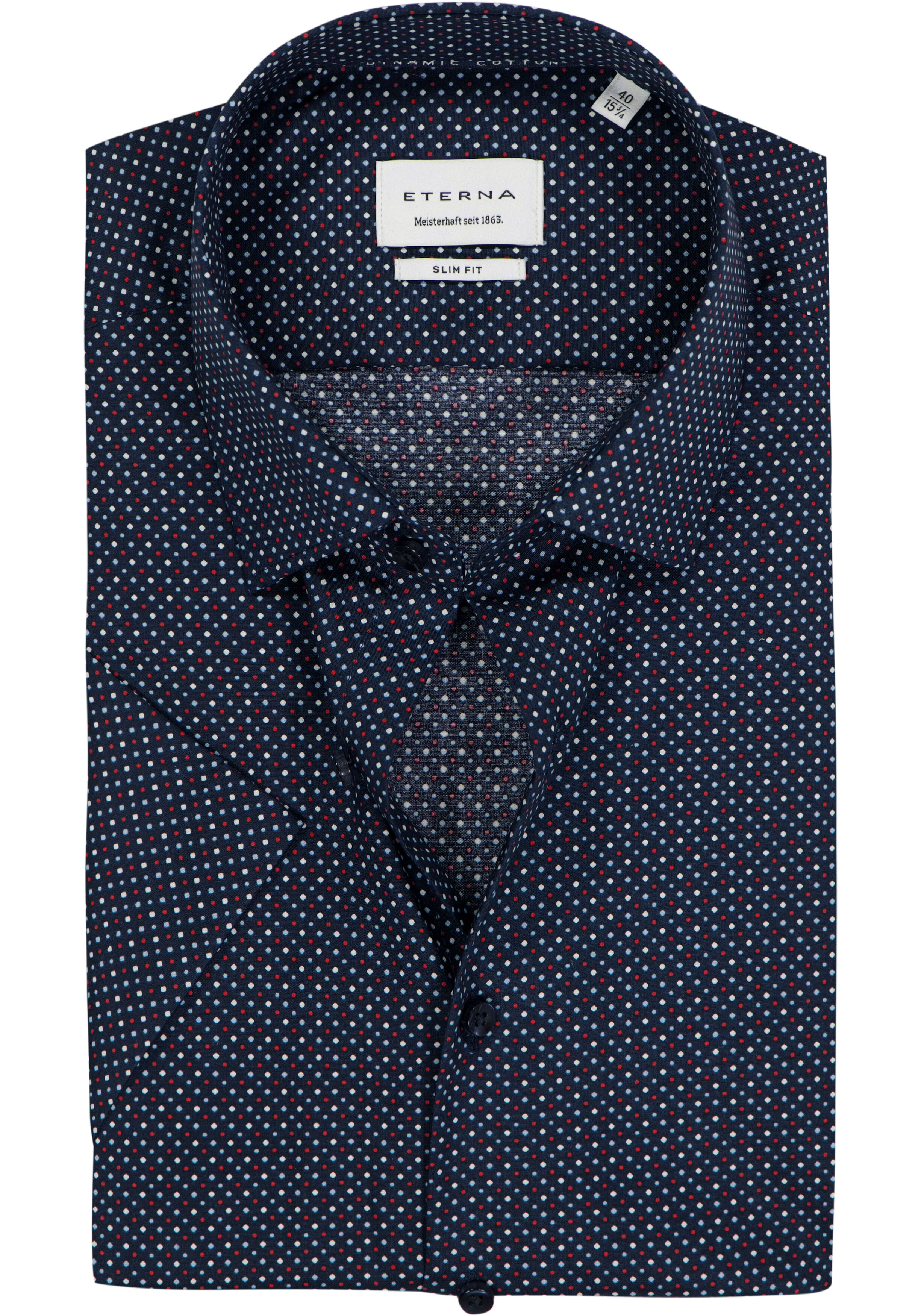 ETERNA slim fit overhemd korte mouw, popeline, donkerblauw met wit, rood en lichtblauw dessin