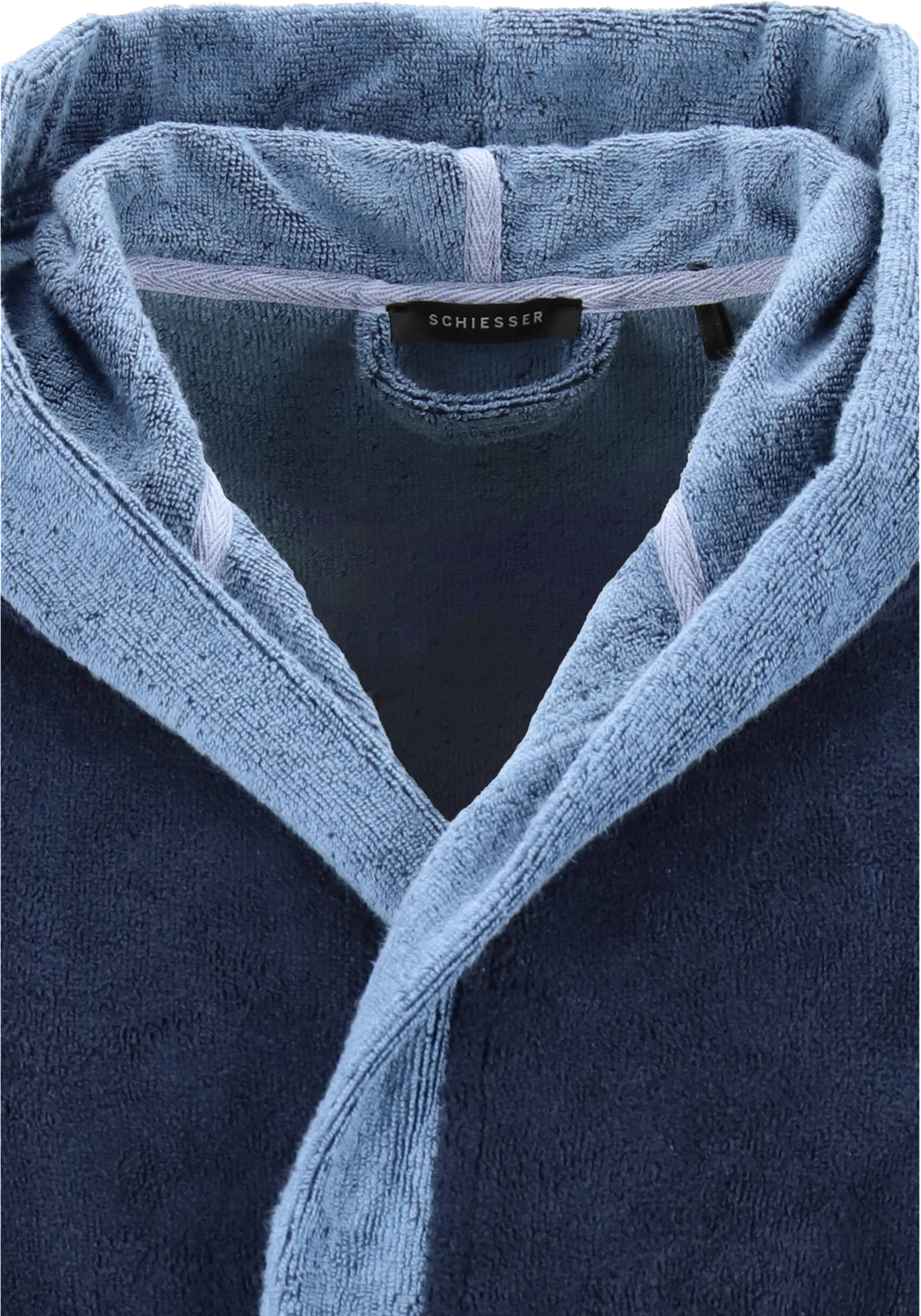 4-4007065071811-schiesser-SCHIESSER_163984803_BJ_blauw_detail_HR SCHIESSER heren badjas, ultralicht velours met capuchon, blauw met lichtblauw