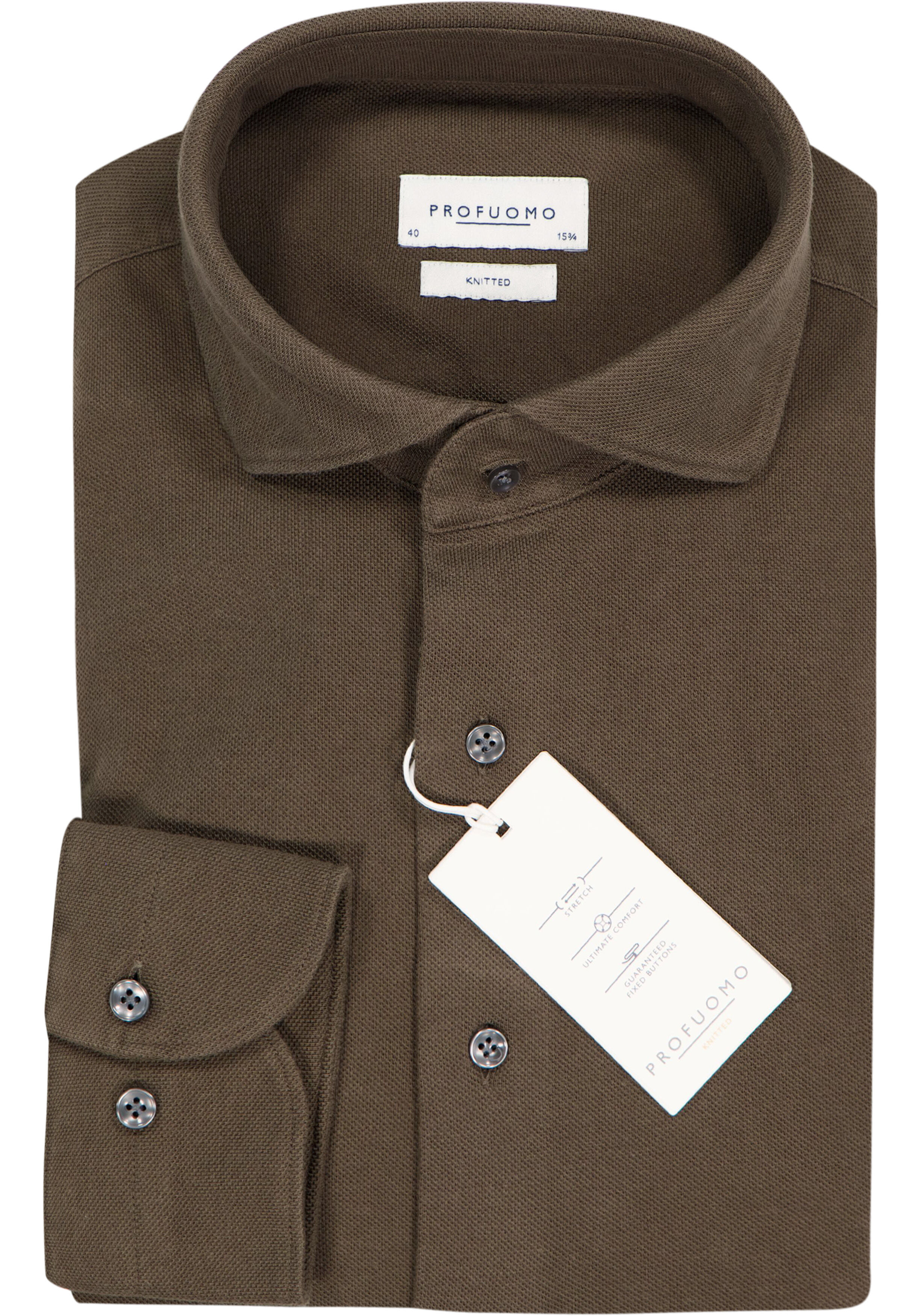 Profuomo slim fit heren overhemd, jersey, olijfgroen