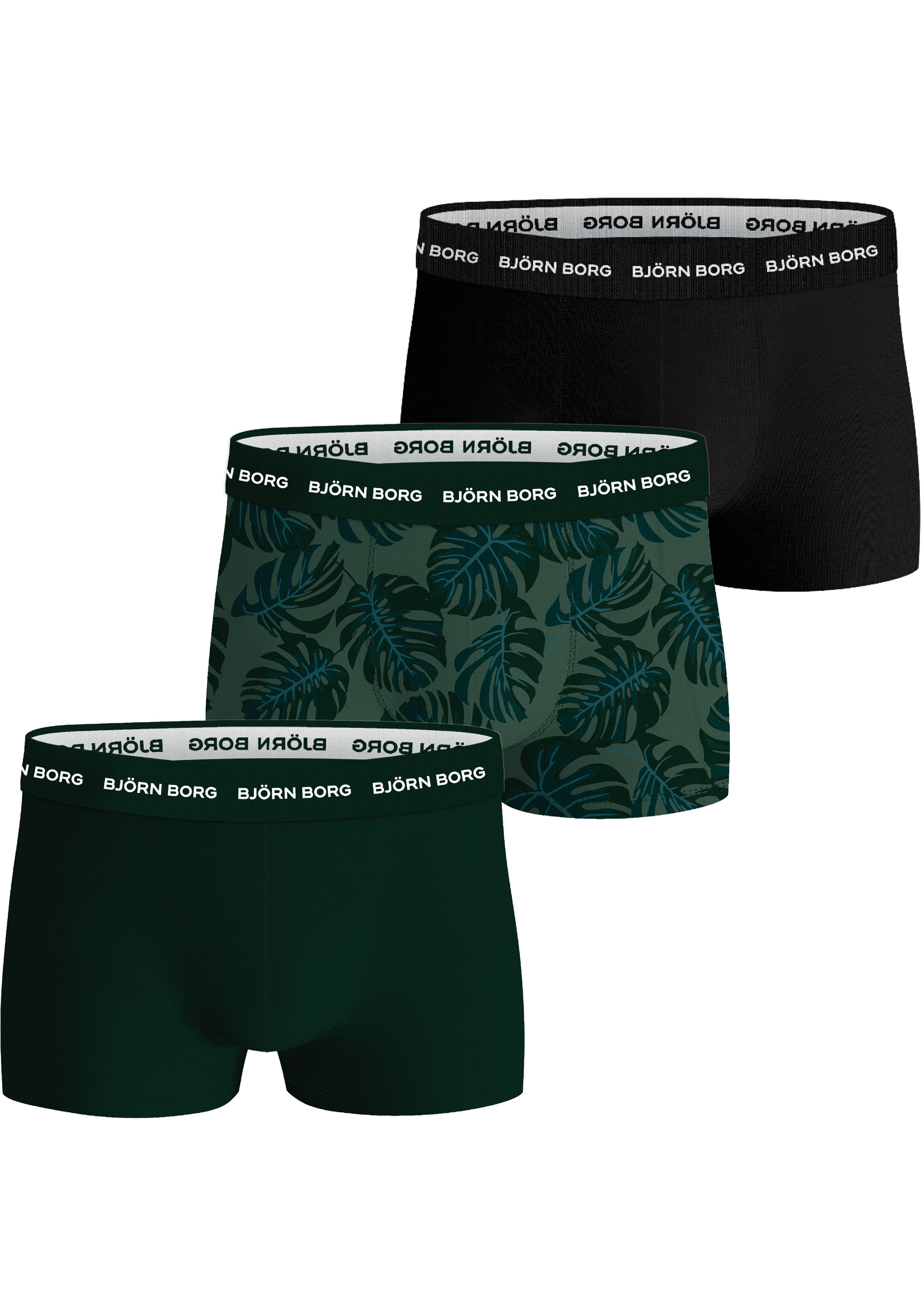Bjorn Borg Cotton Stretch trunks, heren boxers korte pijp (3-pack), zwart, zwart , groen print