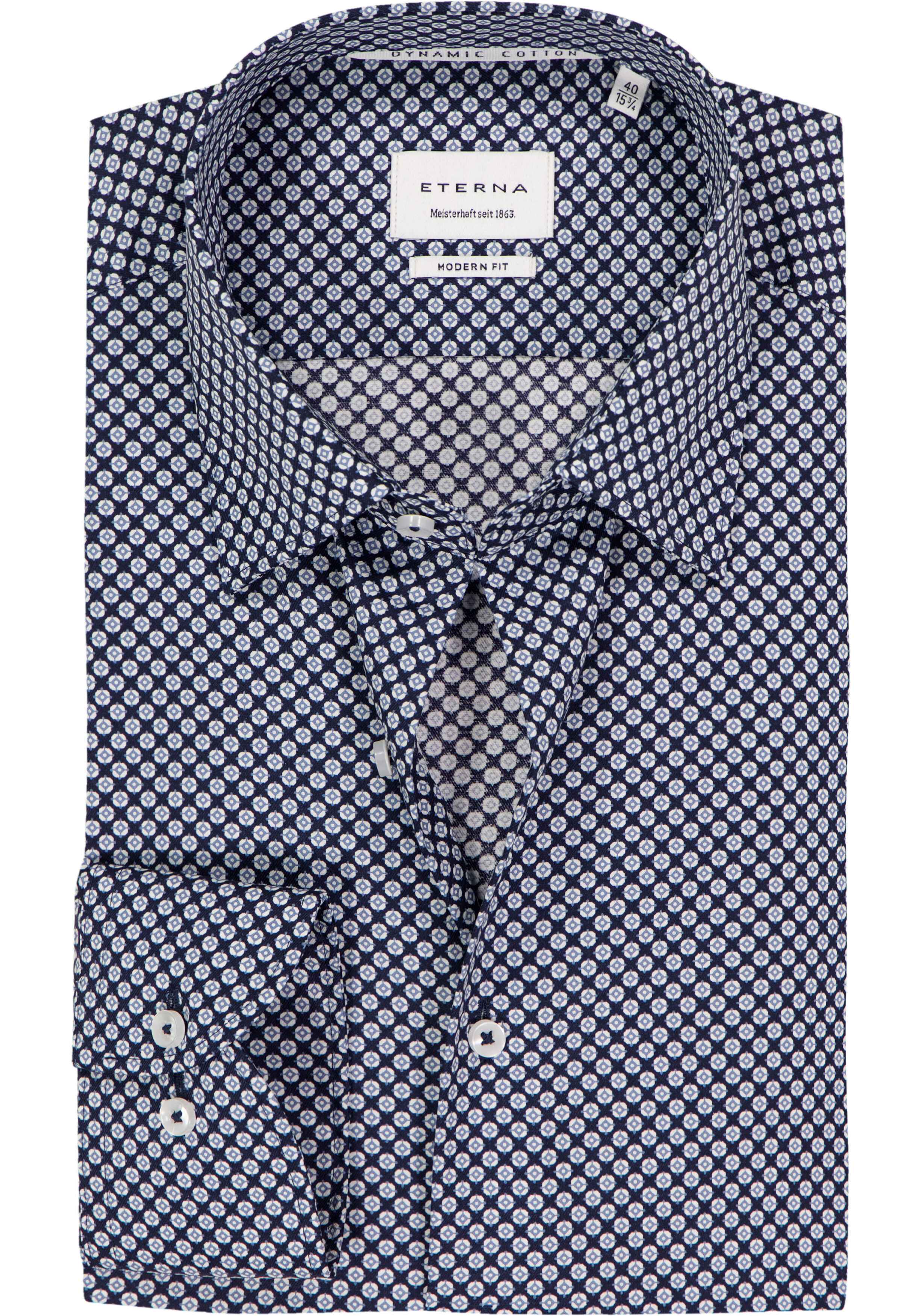 ETERNA modern fit overhemd, twill, donkerblauw met wit en lichtblauw dessin