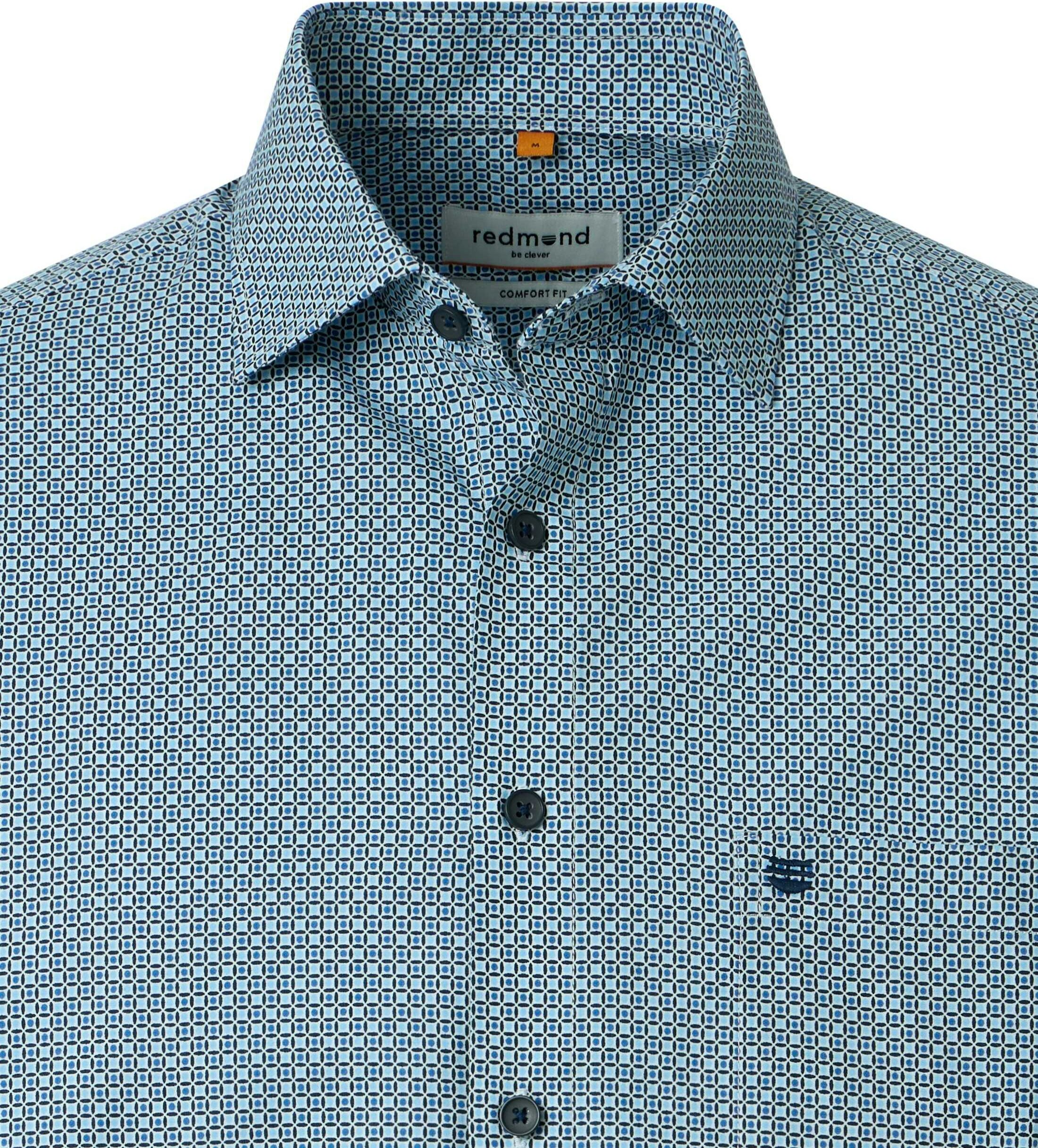 Redmond comfort fit overhemd, korte mouw, popeline, lichtblauw, donkerblauw, wit dessin