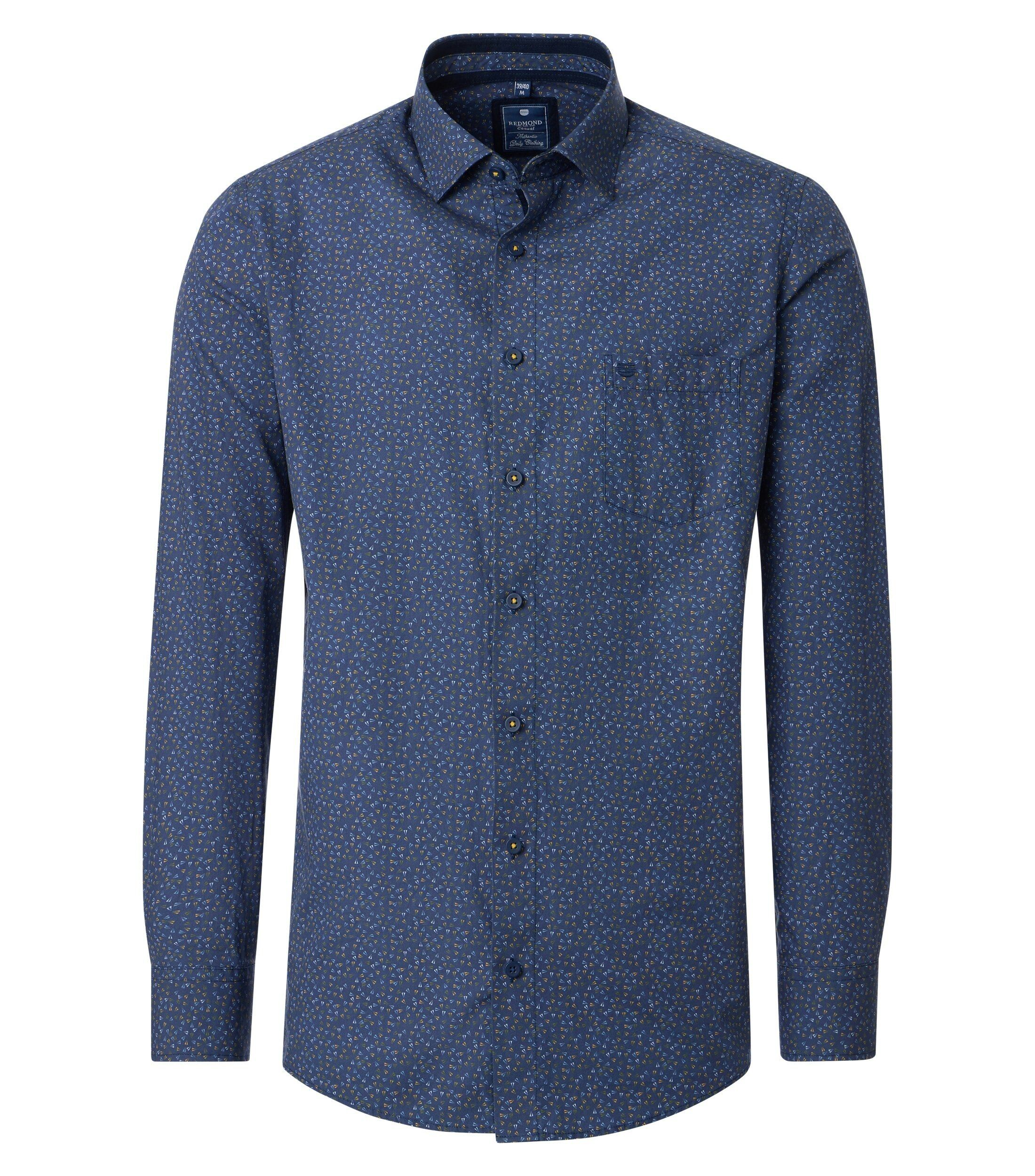 Redmond modern fit overhemd, popeline, donkerblauw met geel en lichtblauw dessin