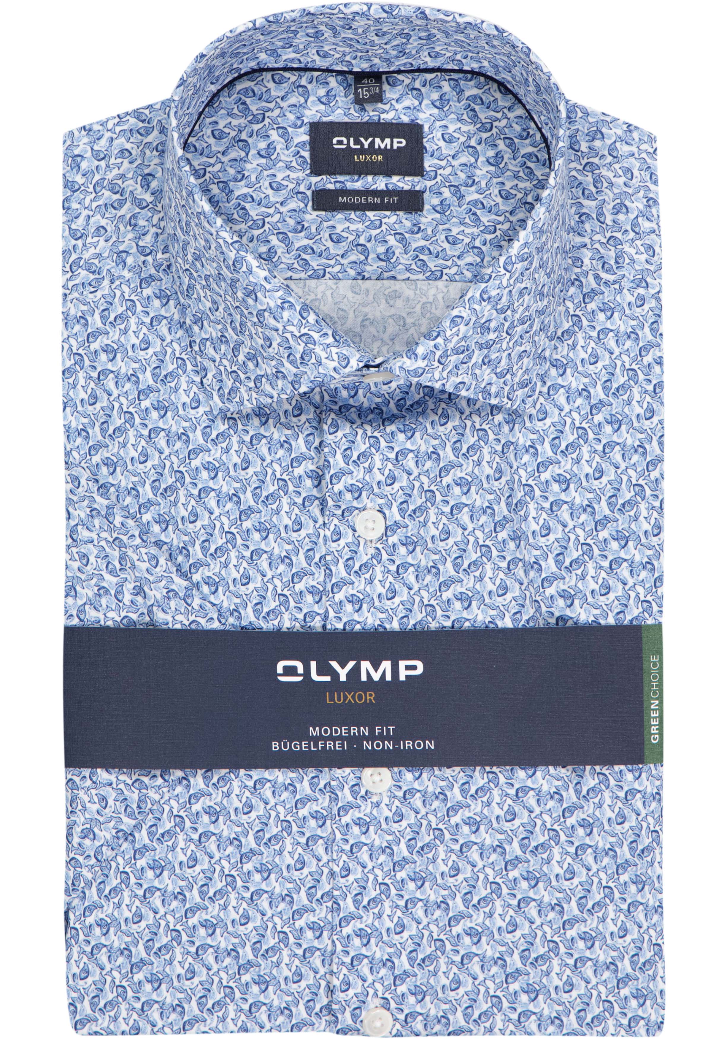 OLYMP Luxor modern fit overhemd, korte mouw, dobby, lichtblauw met wit dessin