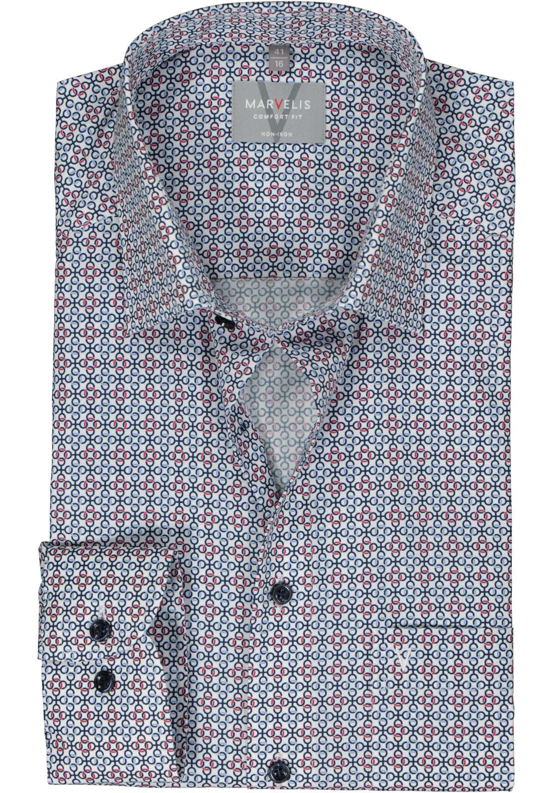 1-4062534748090_marvelis-overhemd_HR MARVELIS comfort fit overhemd, popeline, wit met rood en blauw dessin