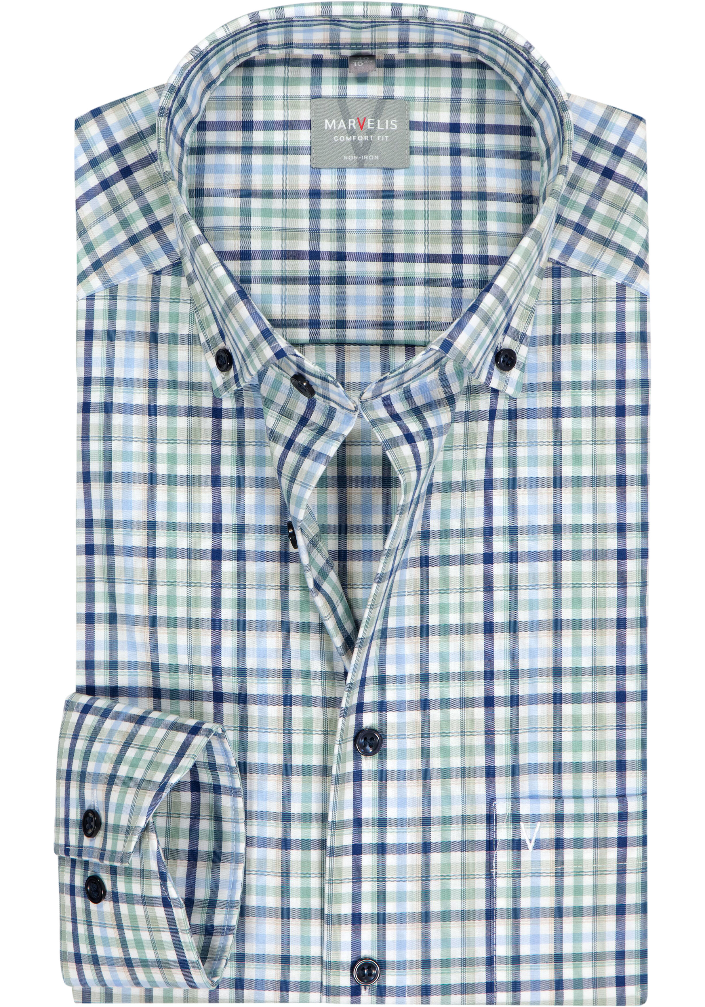 MARVELIS comfort fit overhemd, popeline, wit met blauw en groen geruit