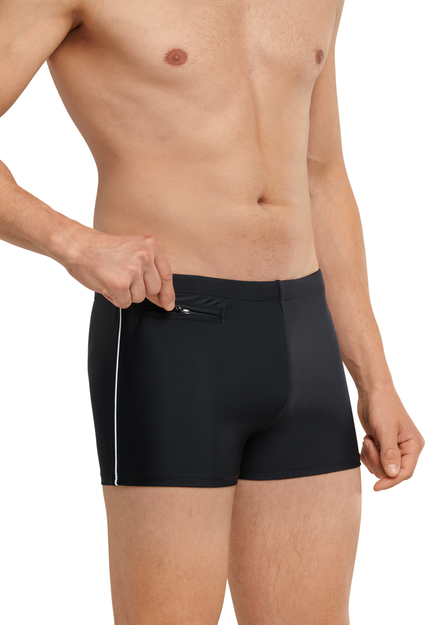SCHIESSER nautisch casual heren badkleding, retro zwembroek met ritszakje in gerecyclede tricot fijne strepen zwart