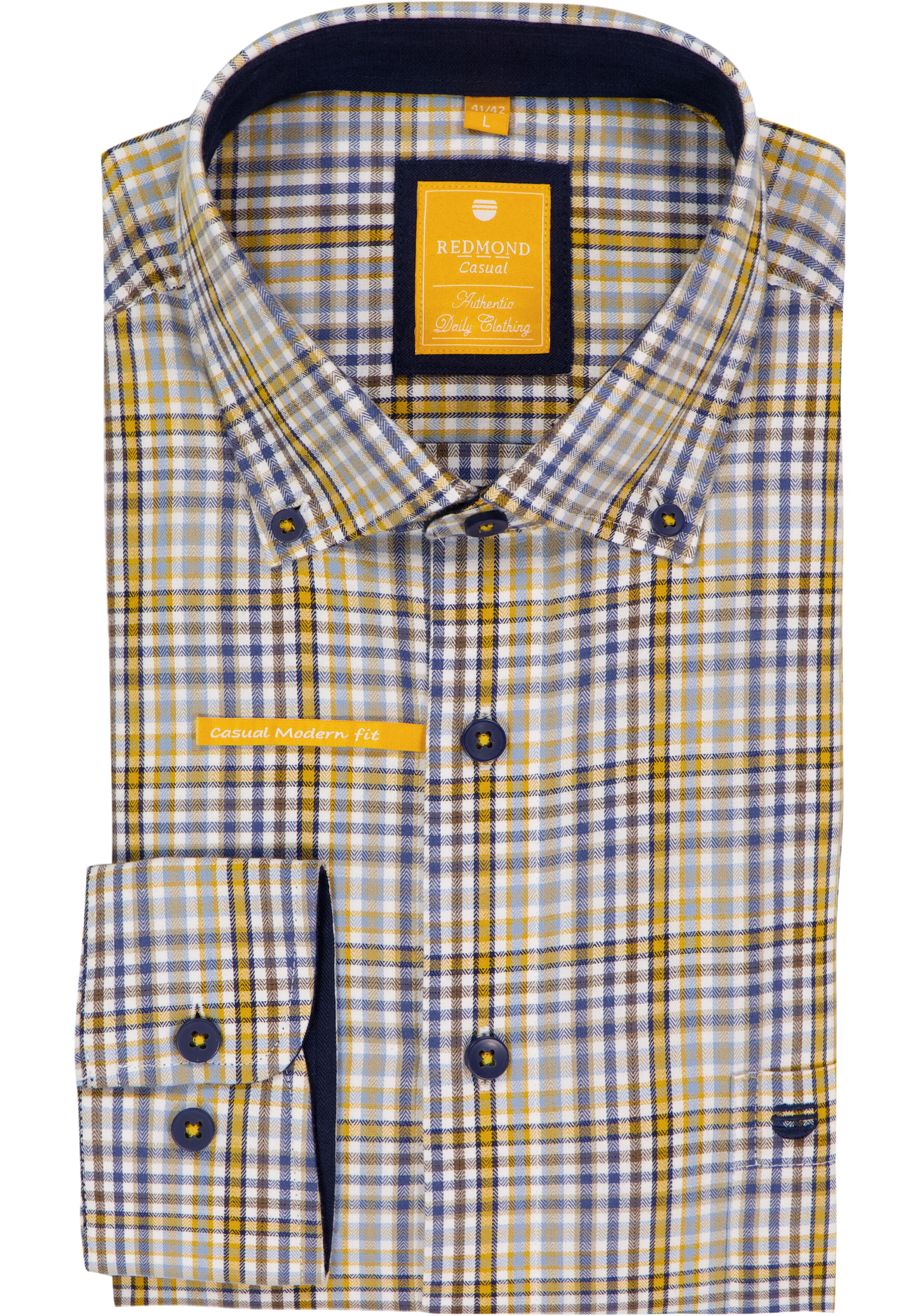 Redmond modern fit overhemd, twill, blauw, grijs, geel en wit geruit