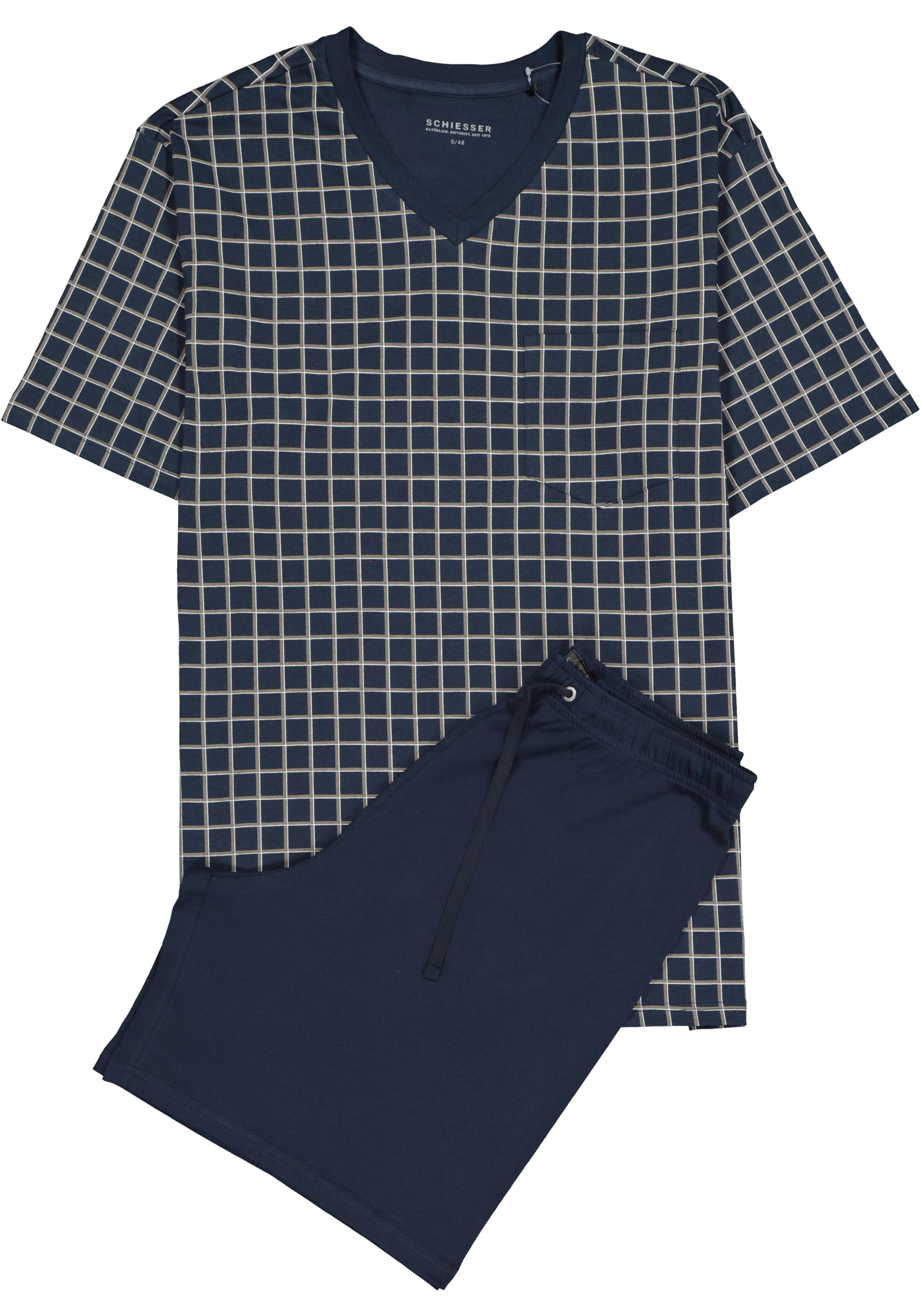 SCHIESSER heren shortama, V-hals, blauw met wit geruit