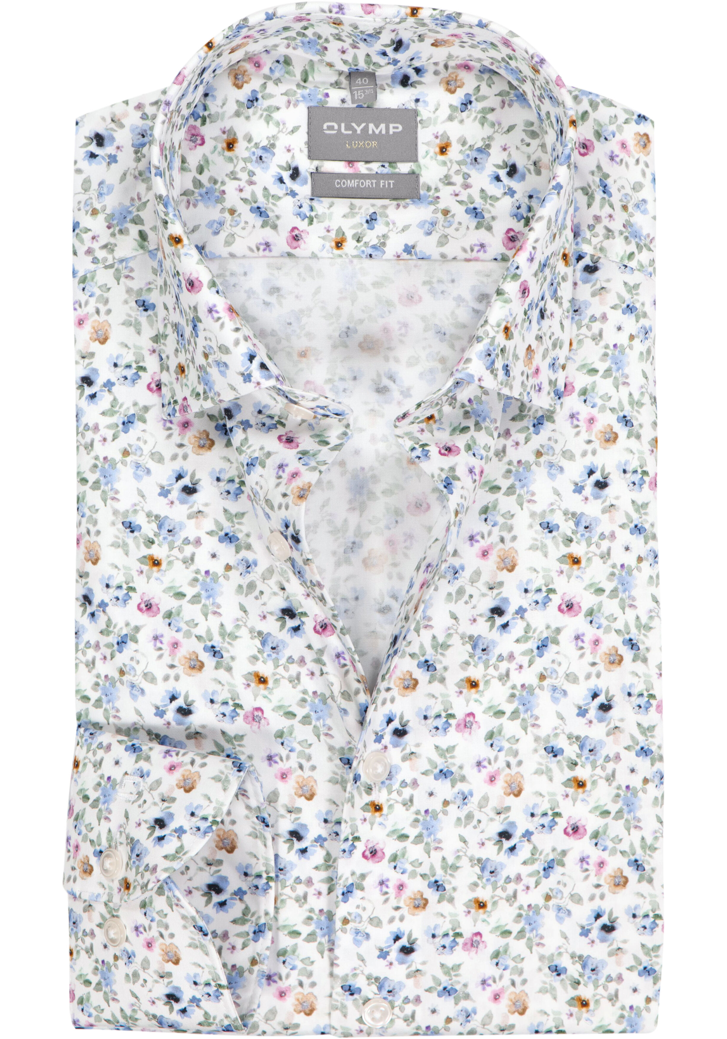 OLYMP Luxor comfort fit overhemd, dobby, wit met blauw en roze bloemetjes dessin