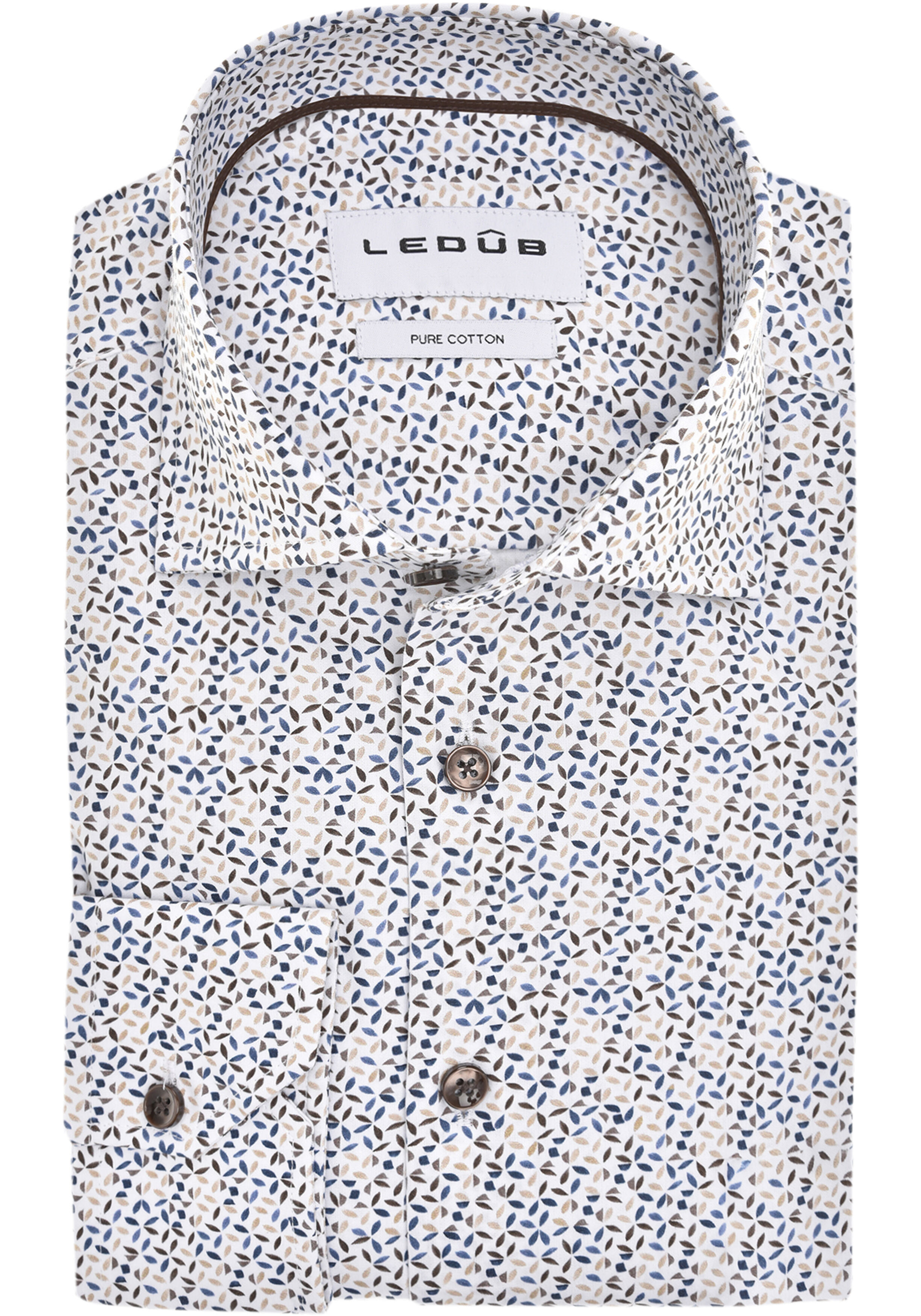Ledub modern fit overhemd, popeline, wit met blauw, bruin en beige dessin