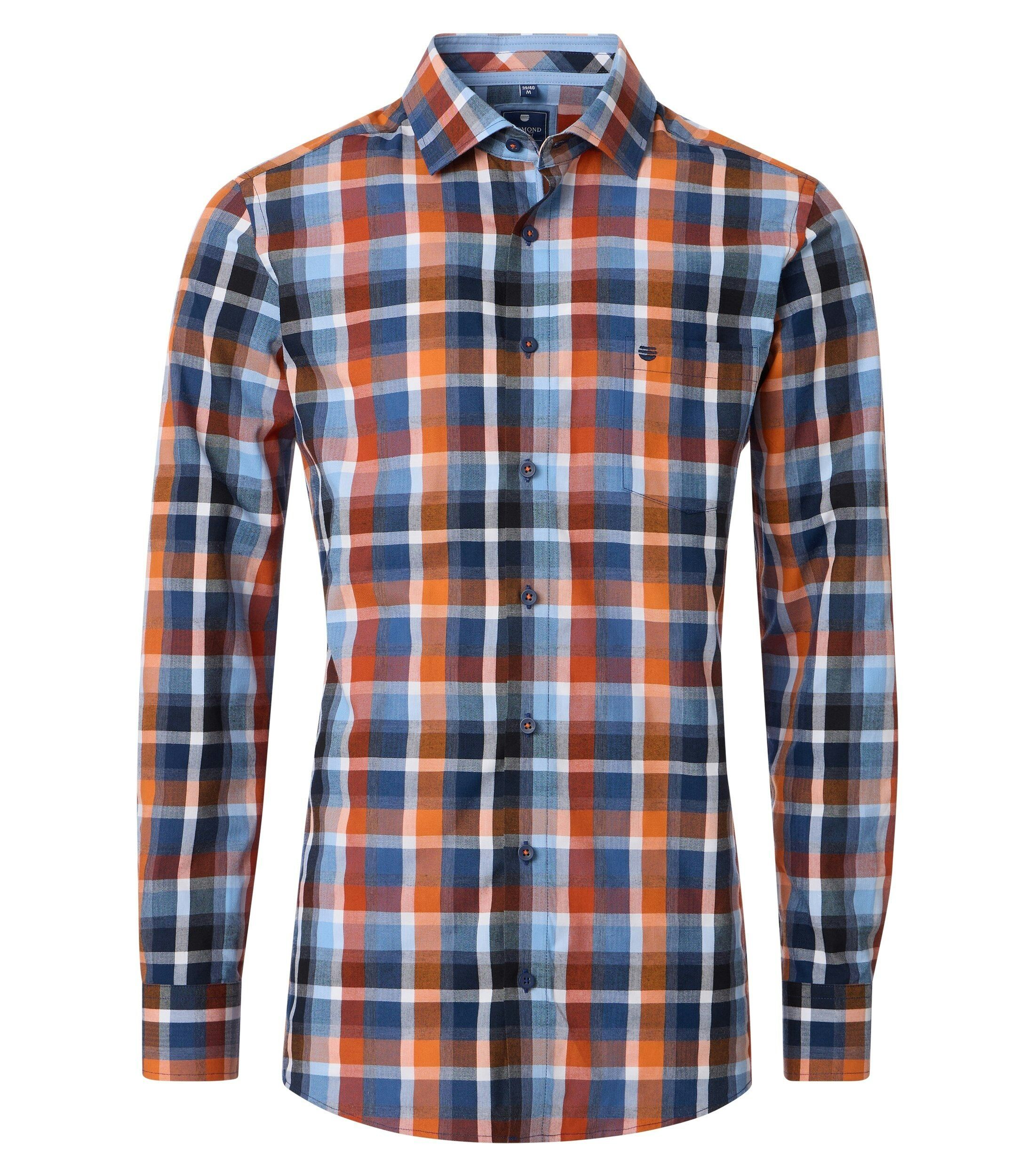 Redmond comfort fit overhemd, dobby, oranje met blauw en wit geruit