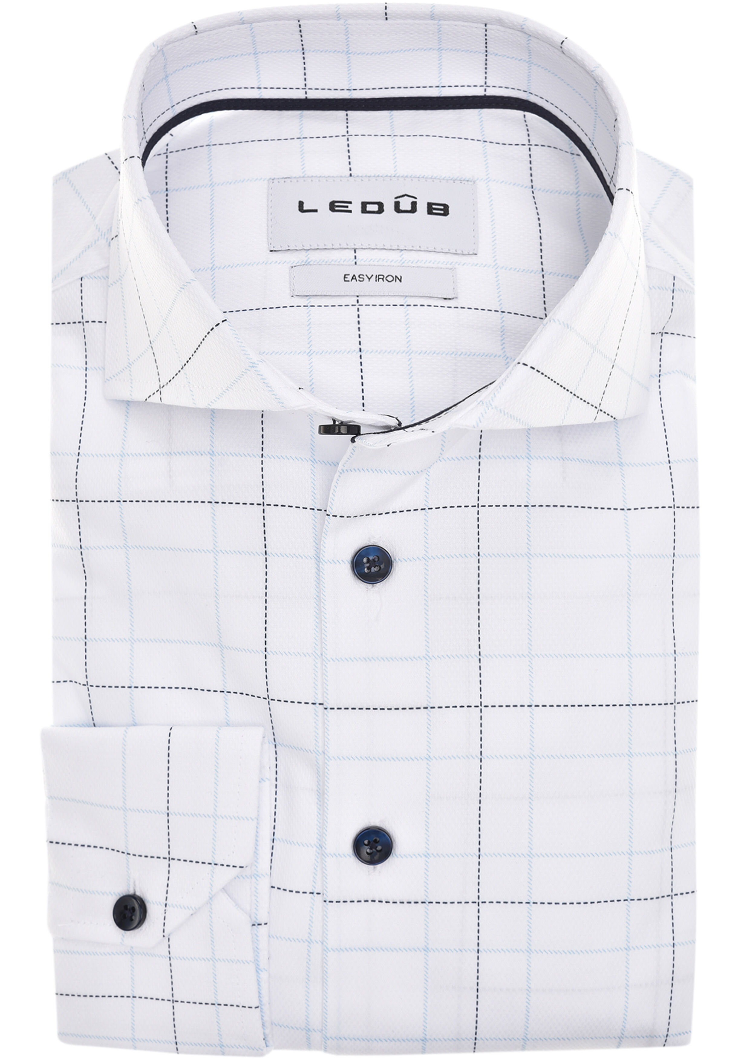 Ledub modern fit overhemd, popeline, wit met licht- en donkerblauw geruit