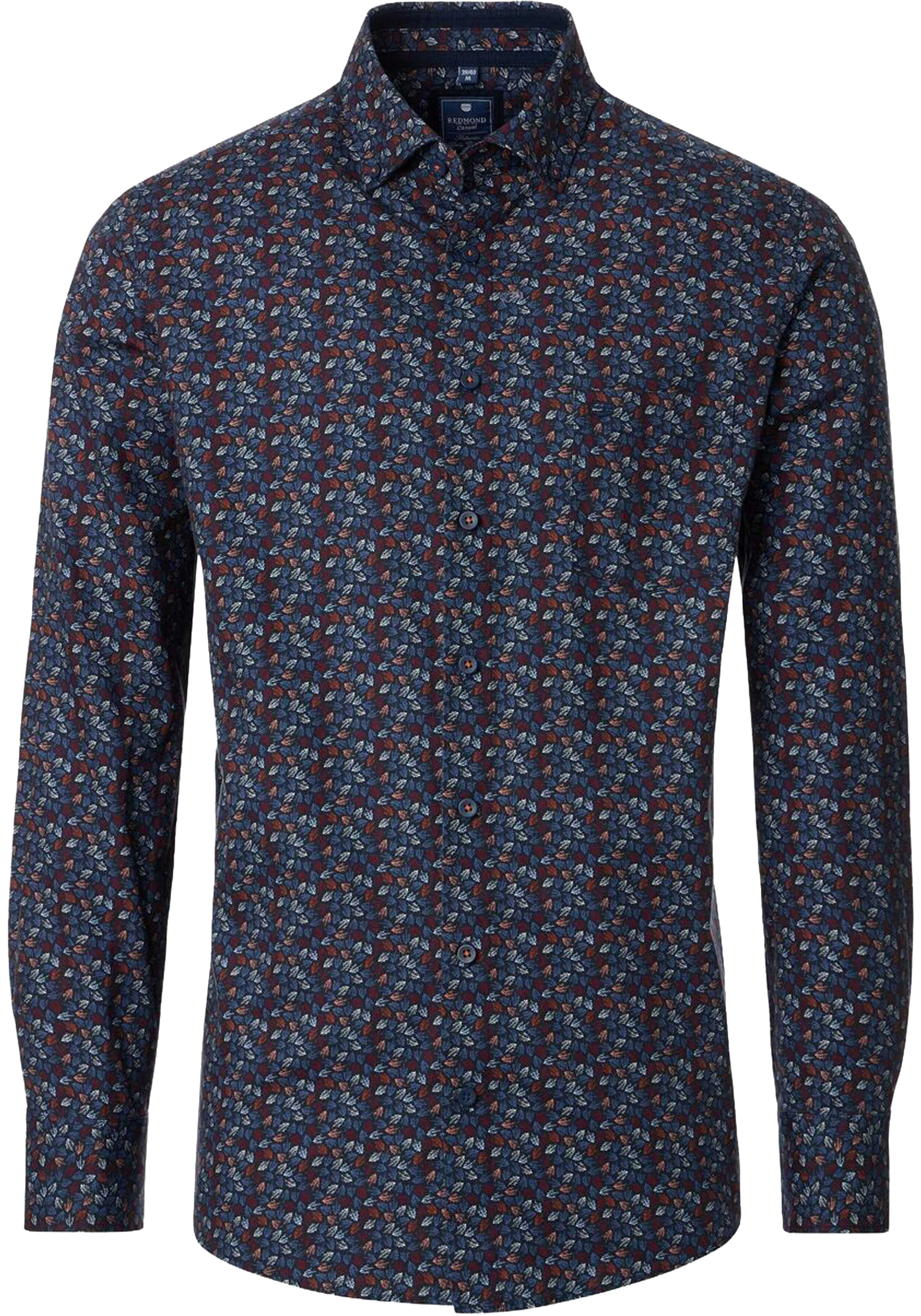 Redmond comfort fit overhemd, popeline, donkerblauw met blauw, wit oranje en rood blaadjes dessin