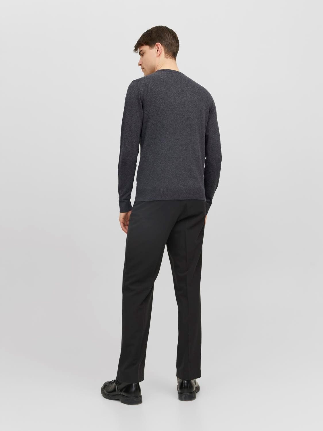JACK & JONES Emil knit crew neck slim fit, heren pullover viscosemengsel met O-hals, donkergrijs melange
