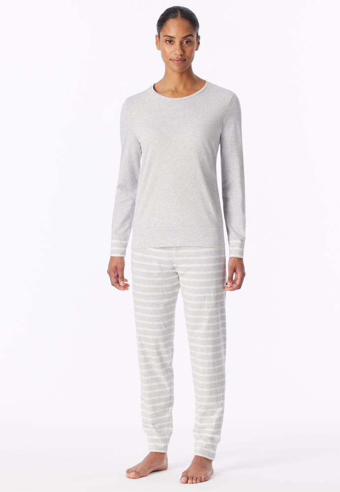 SCHIESSER dames Cotton Essentials Pyjama lang, dames pyjama set, zilvergrijs melange gestreept