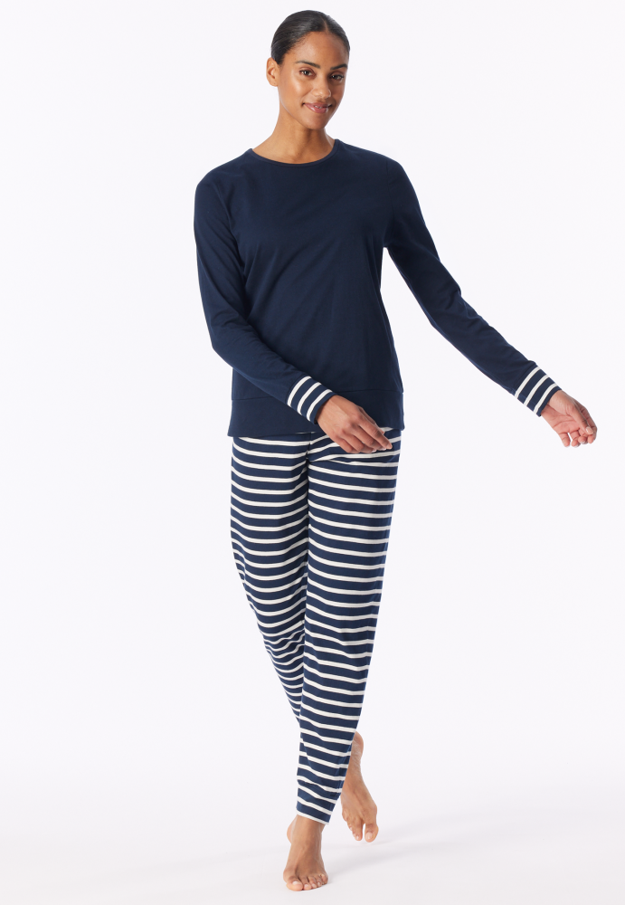 SCHIESSER dames Cotton Essentials Pyjama lang, dames pyjama set, nachtblauw gestreept