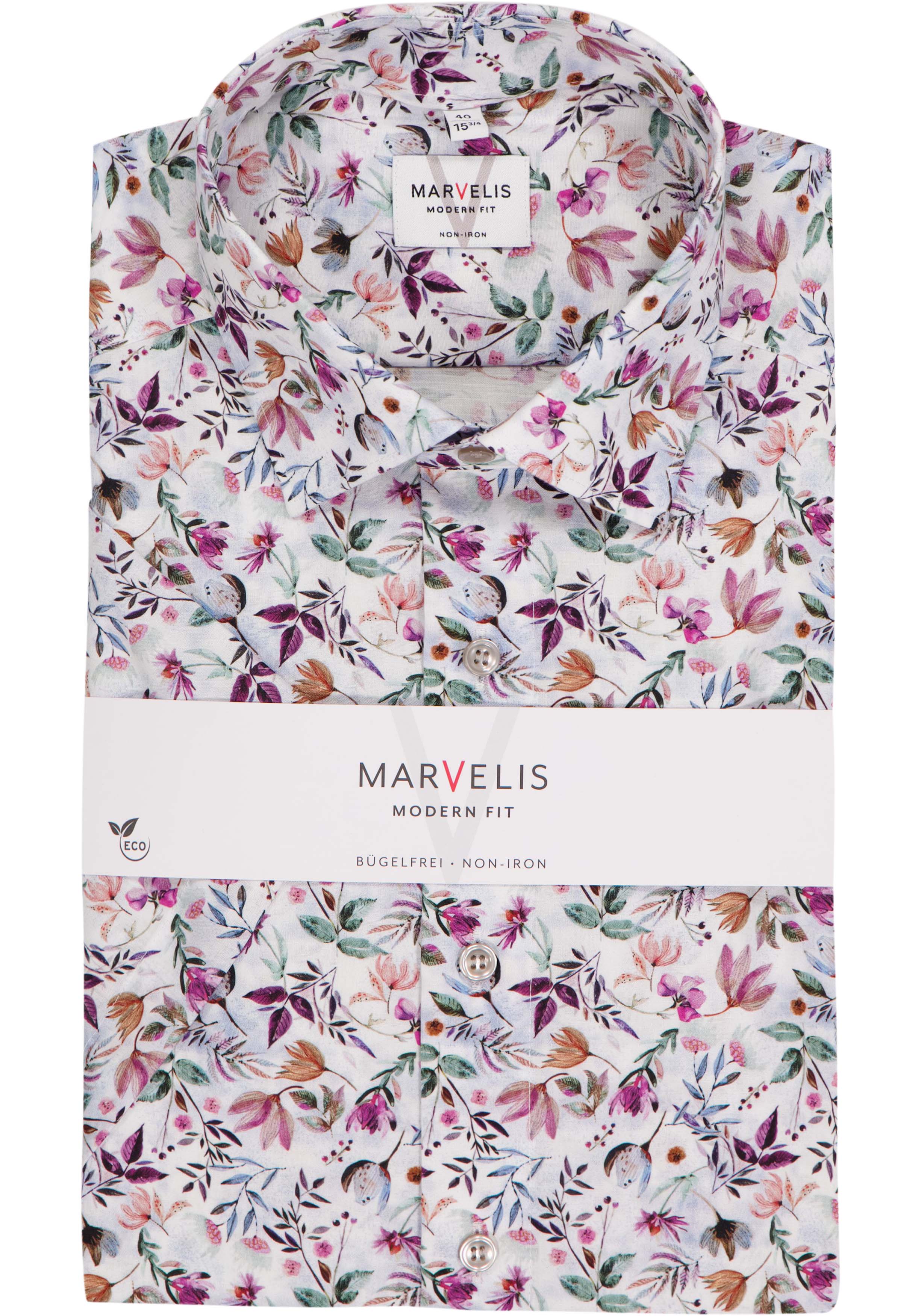 MARVELIS modern fit overhemd, korte mouw, popeline, wit met roze, groen en blauw bloemen dessin