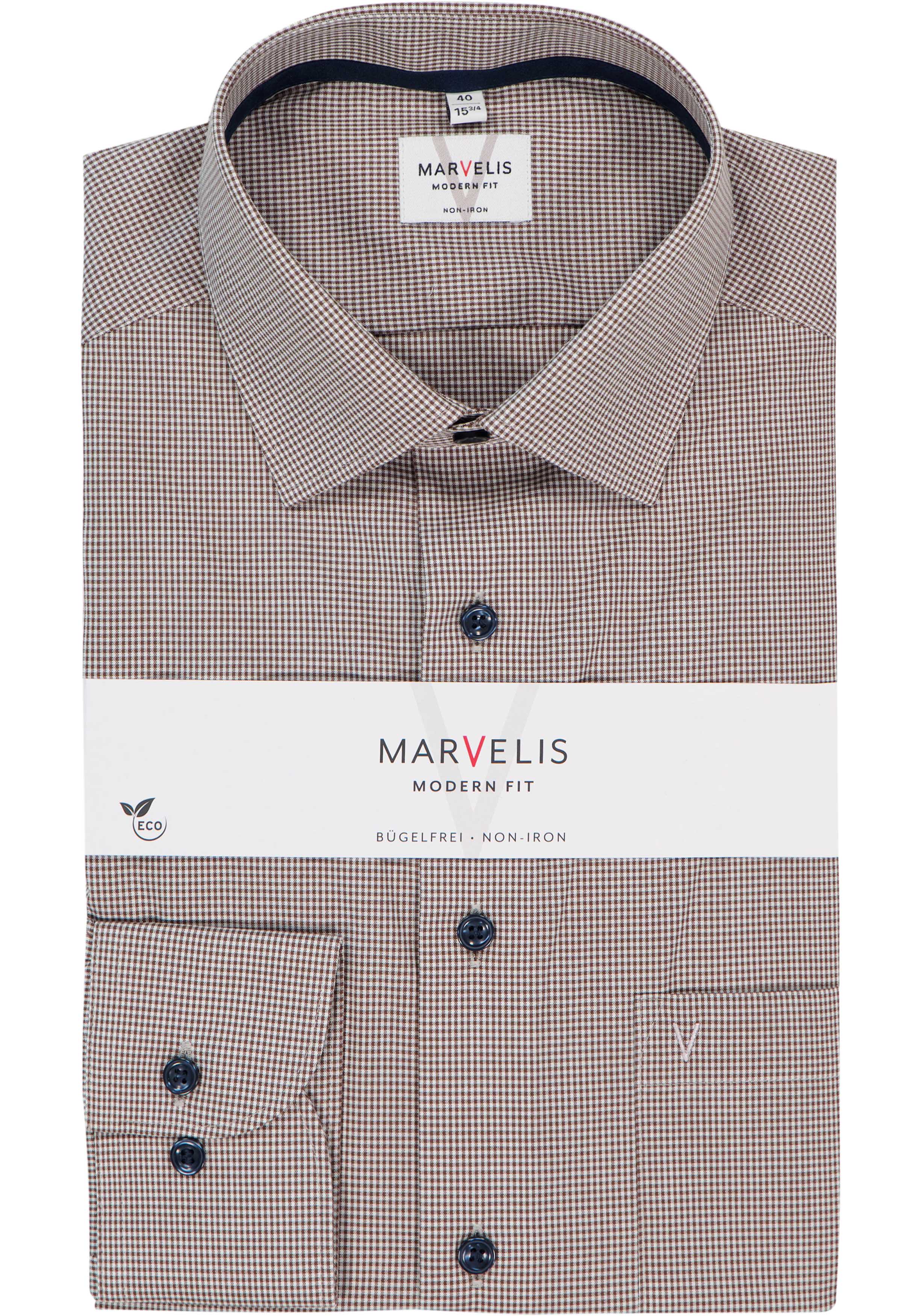 MARVELIS modern fit overhemd, popeline, donkerbruin met wit geruit