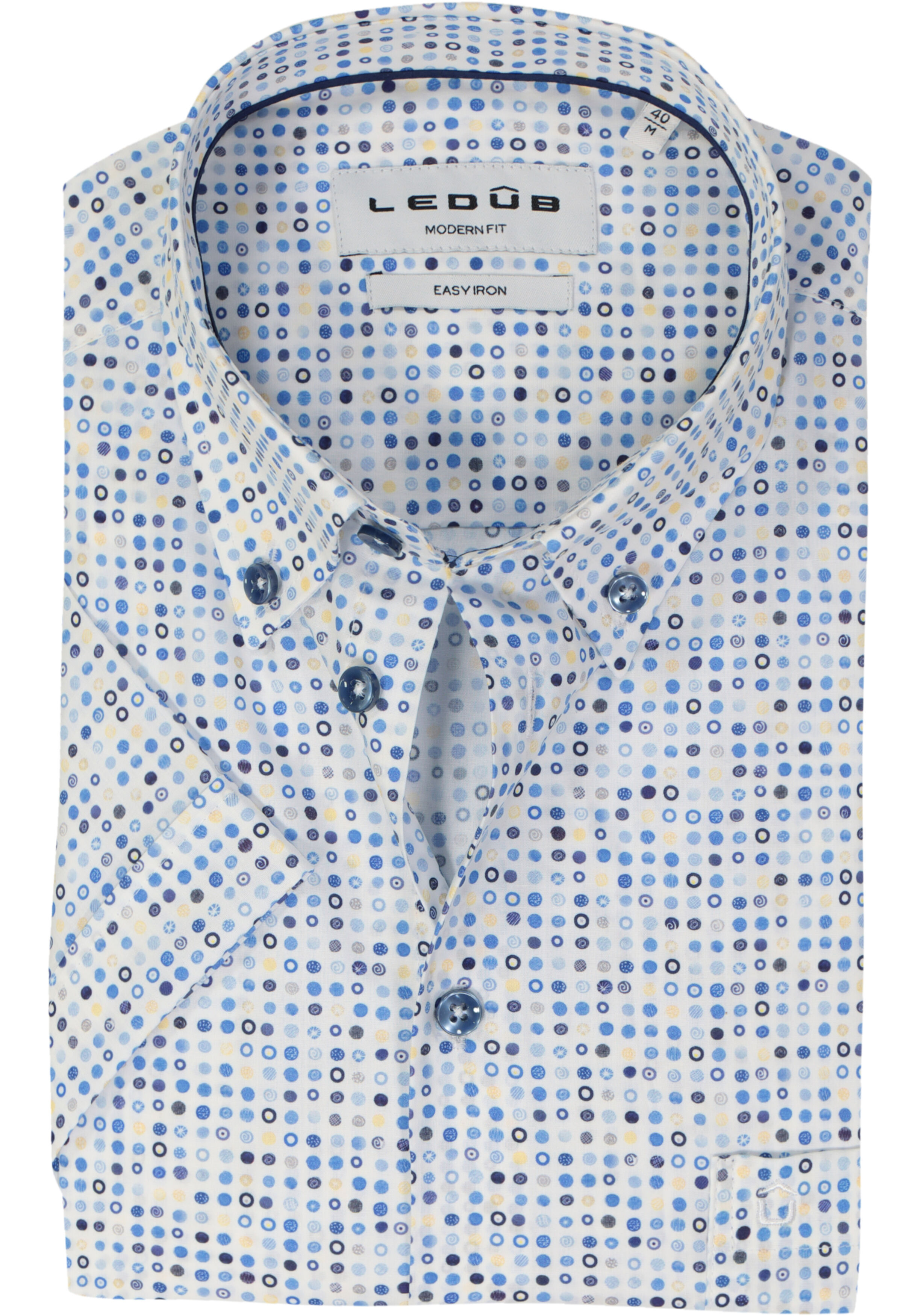 Ledub modern fit overhemd, korte mouw, popeline, wit met blauw en geel dessin