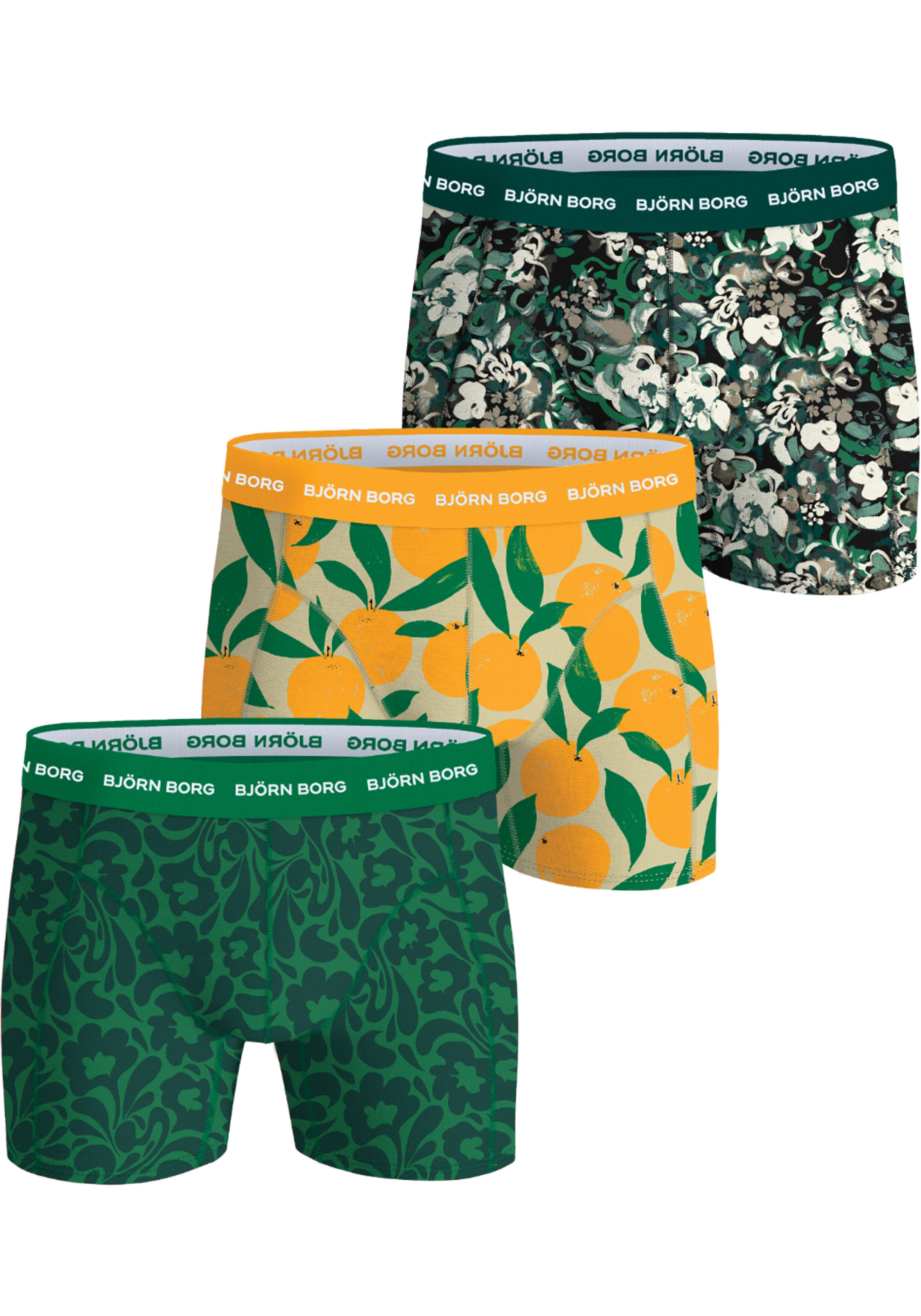 Bjorn Borg Cotton Stretch boxers, heren boxers normale lengte (3-pack), groen dessin, citroenen print en zwart met groen en wit dessin