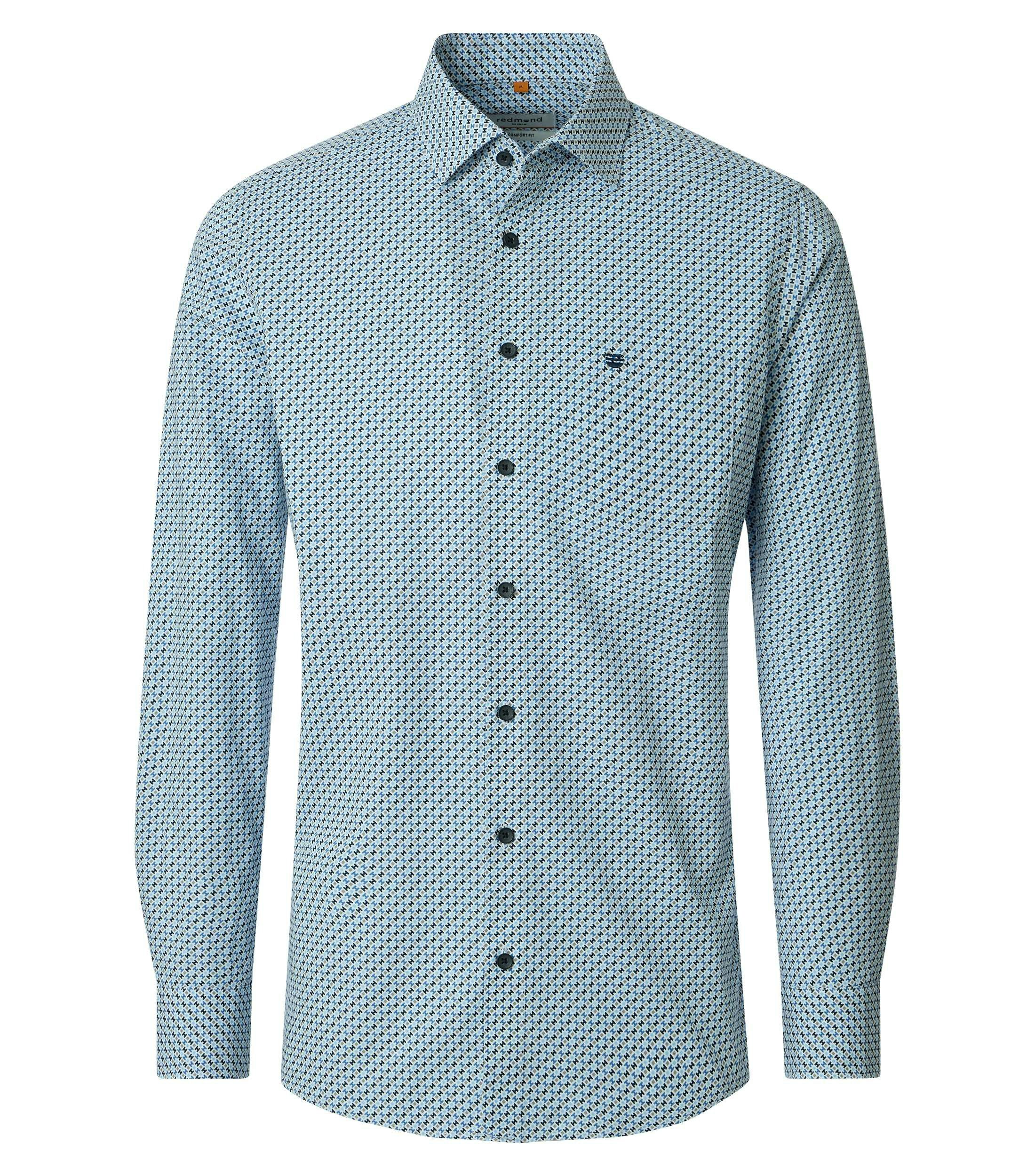 Redmond comfort fit overhemd, popeline, wit met licht- en donkerblauw en beige dessin