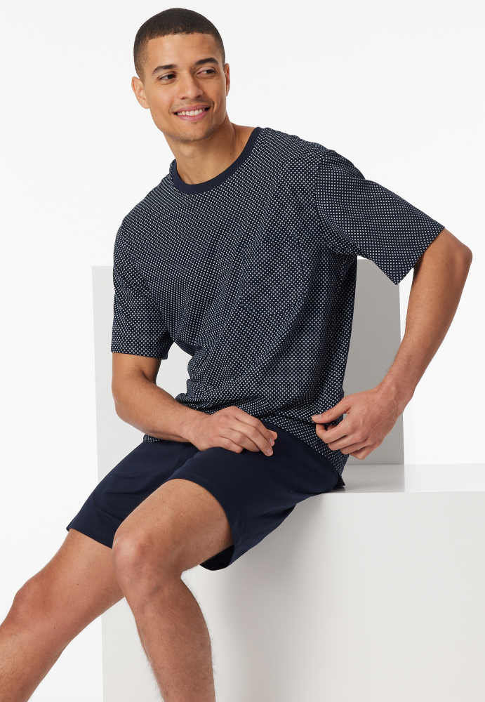 SCHIESSER Cotton Essentials Pyjama kort, heren shortama set, nachtblauw dessin
