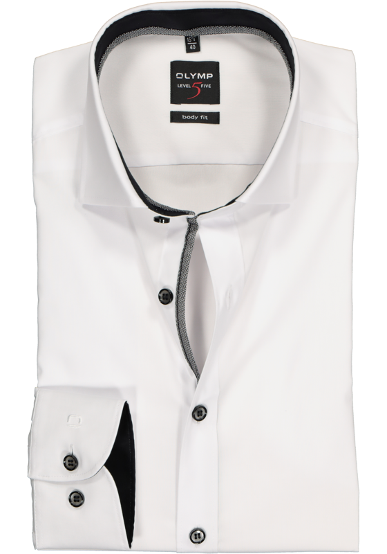 OLYMP Level 5 body fit overhemd, mouwlengte 7, wit (zwart contrast) OLYMP Level 5 body fit overhemd, mouwlengte 7, wit (zwart contrast)