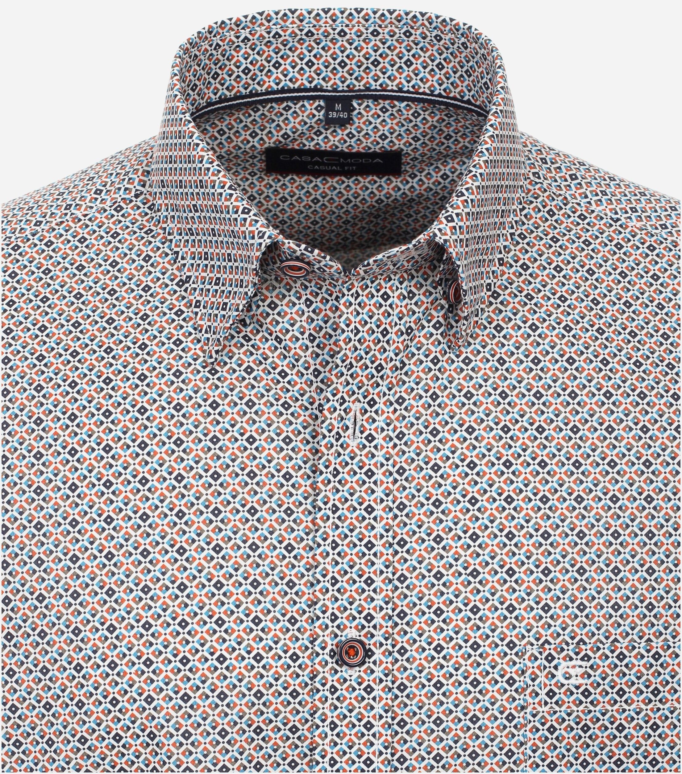 CASA MODA Sport casual fit overhemd, mouwlengte 72 cm, popeline, blauw met wit en oranje dessin