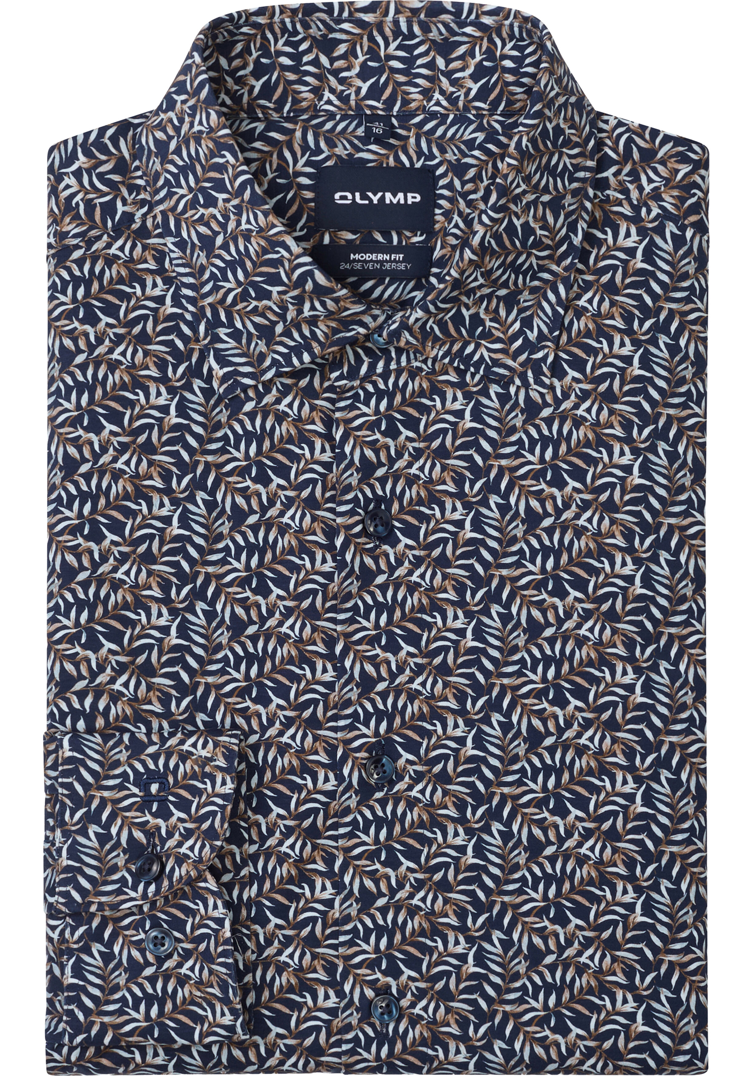 OLYMP 24/7 Luxor modern fit overhemd, tricot, donkerblauw met groen en lichtblauw dessin