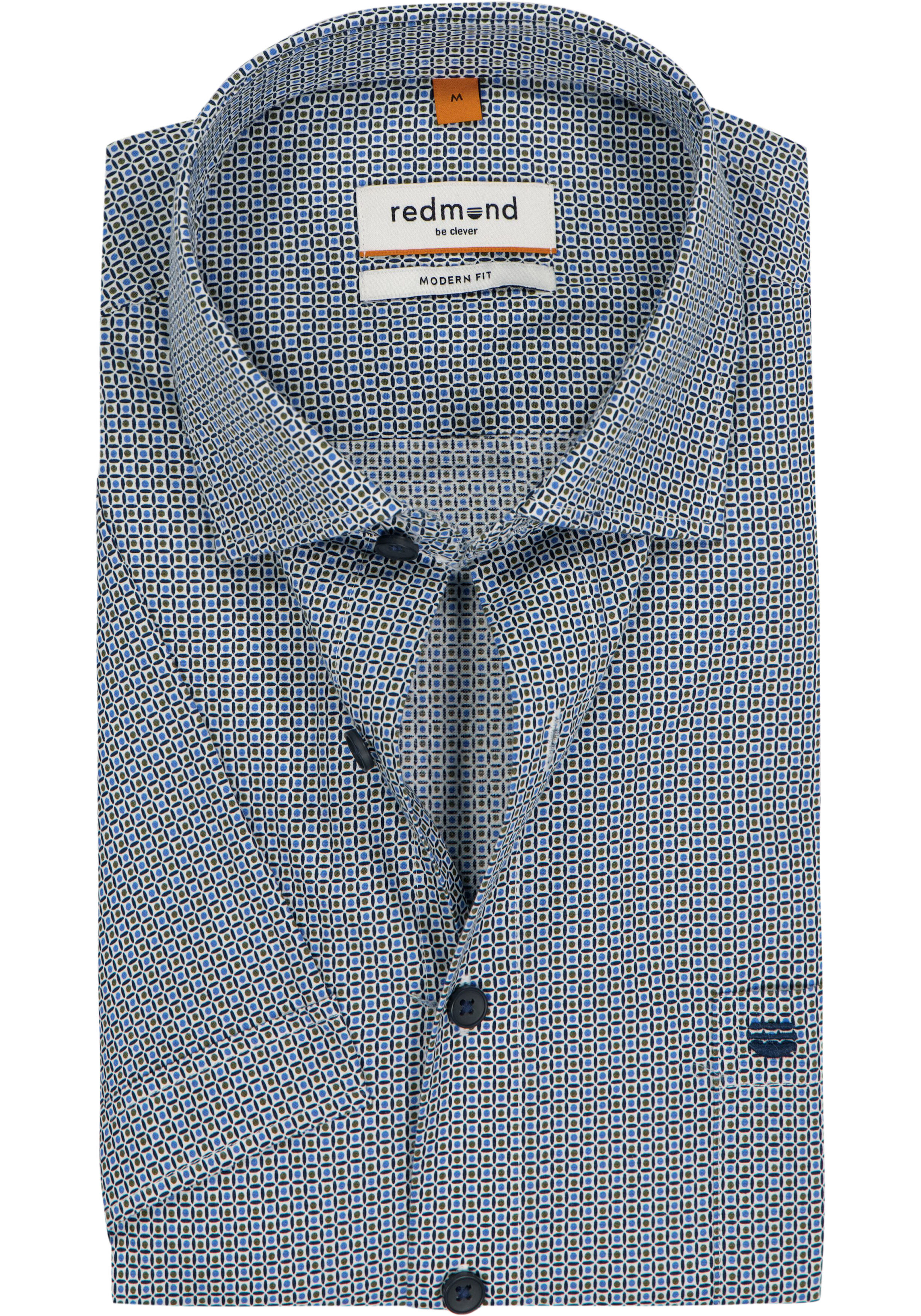 Redmond modern fit overhemd, korte mouw, popeline, blauw met bruin en wit dessin