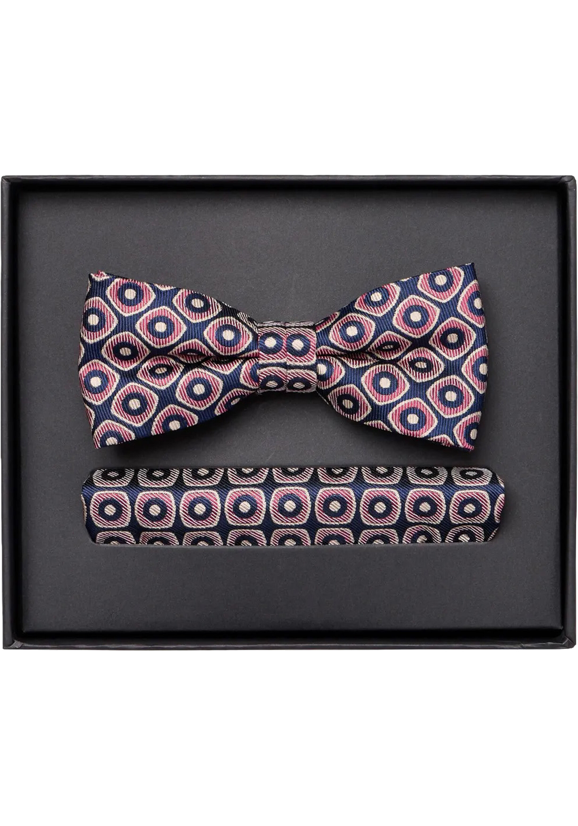 VENTI set met vlinderdas en pochet, rood met blauw en wit dessin