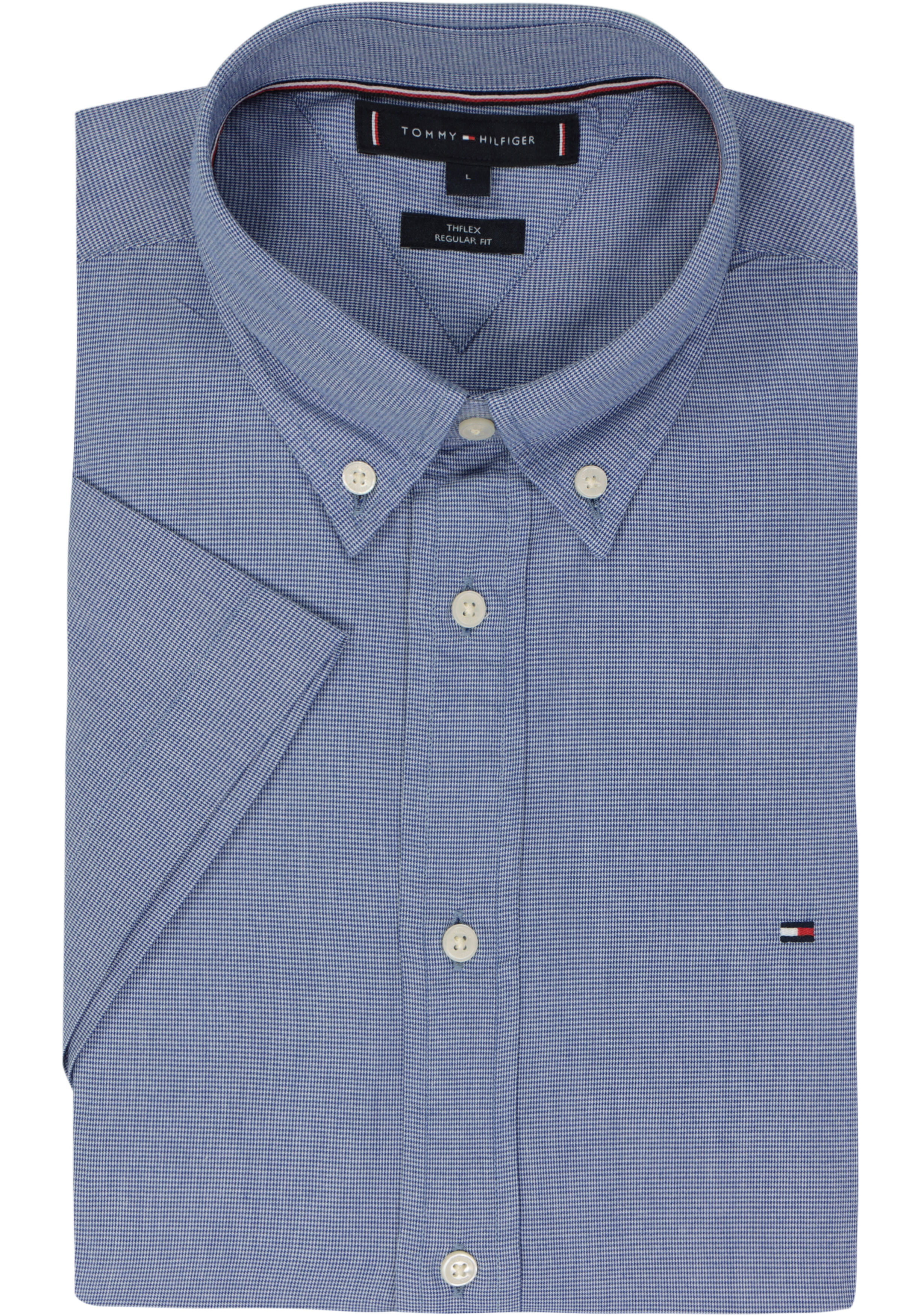 Tommy Hilfiger Flex Poplin Regular Fit Shirt, korte mouw, popeline, heel fijn blauw met wit geruit