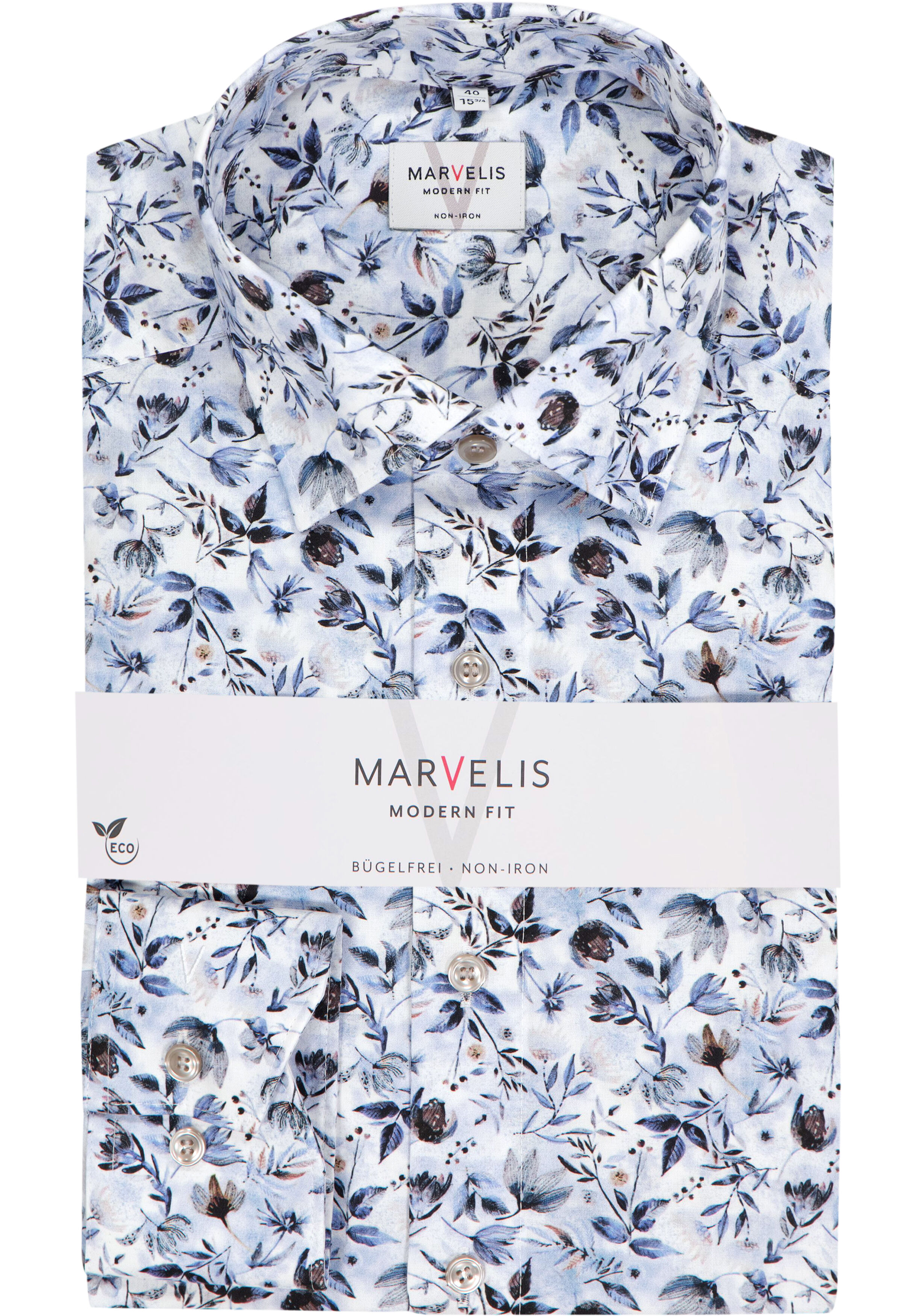 MARVELIS modern fit overhemd, popeline, wit met blauw en bruin bloemen dessin