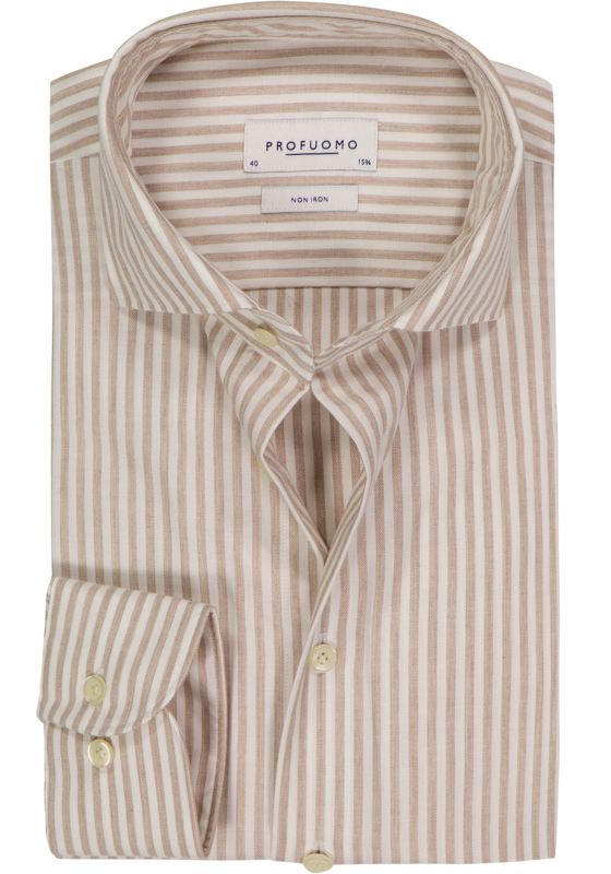 Profuomo slim fit heren overhemd, popeline, beige met wit gestreept Profuomo slim fit heren overhemd, popeline, beige met wit gestreept