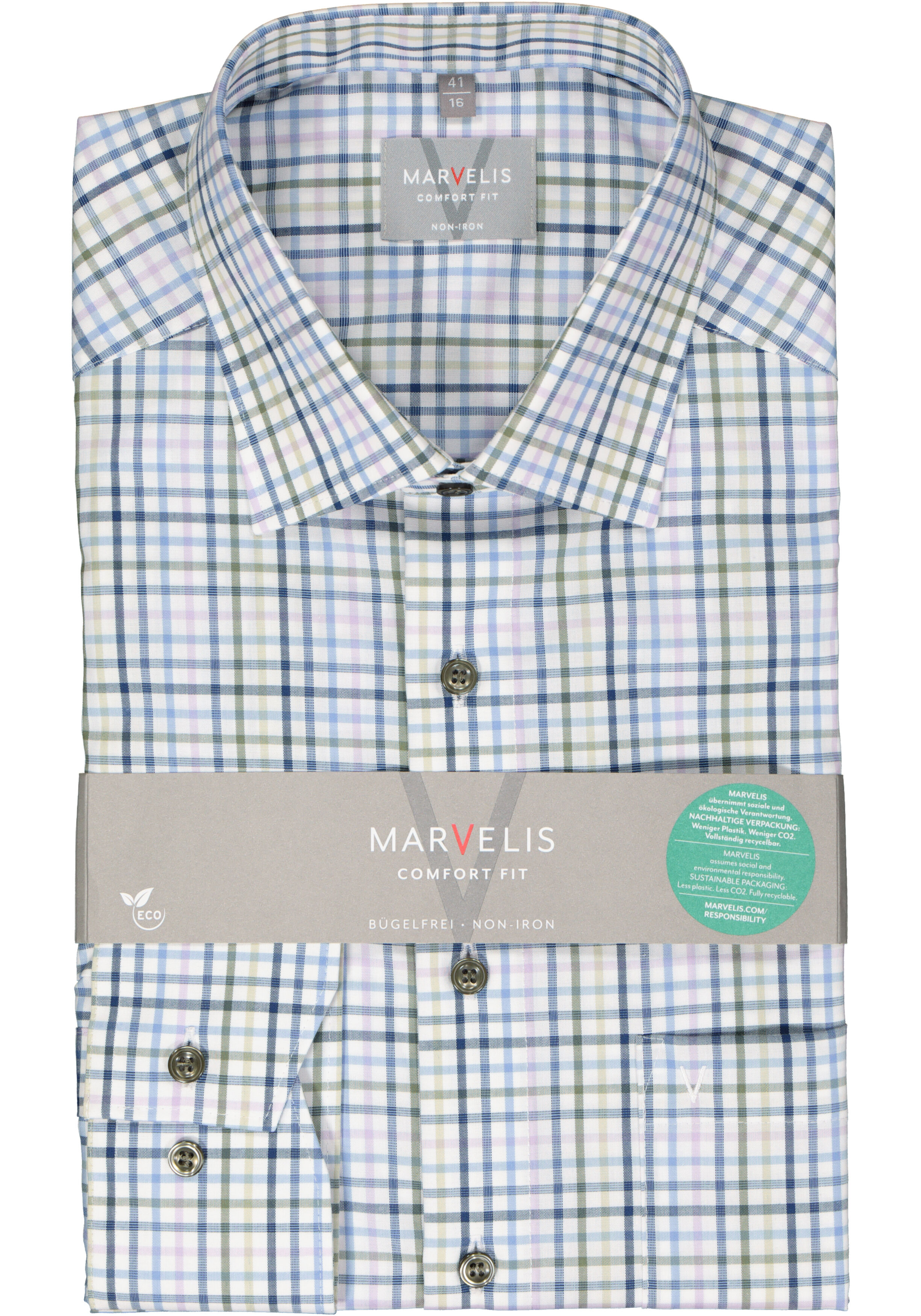 MARVELIS comfort fit overhemd, popeline, wit met blauw, lila en groen geruit