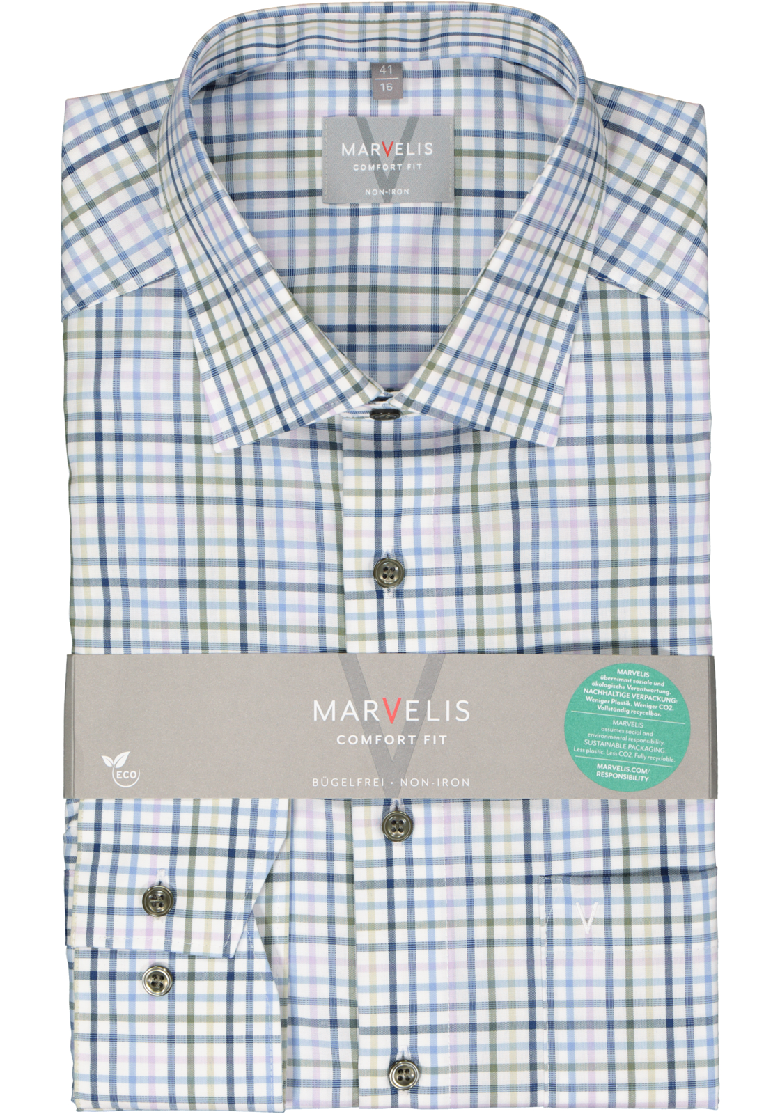 2-4062534787402_marvelis-overhemd_HR MARVELIS comfort fit overhemd, popeline, wit met blauw, lila en groen geruit