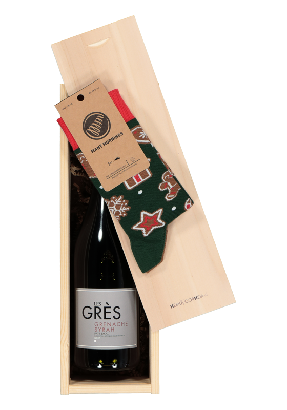Heren en dames Kerst cadeaubox: rode wijn met Many Mornings Gingerbread man Socks Heren en dames Kerst cadeaubox: rode wijn met Many Mornings Gingerbread man Socks