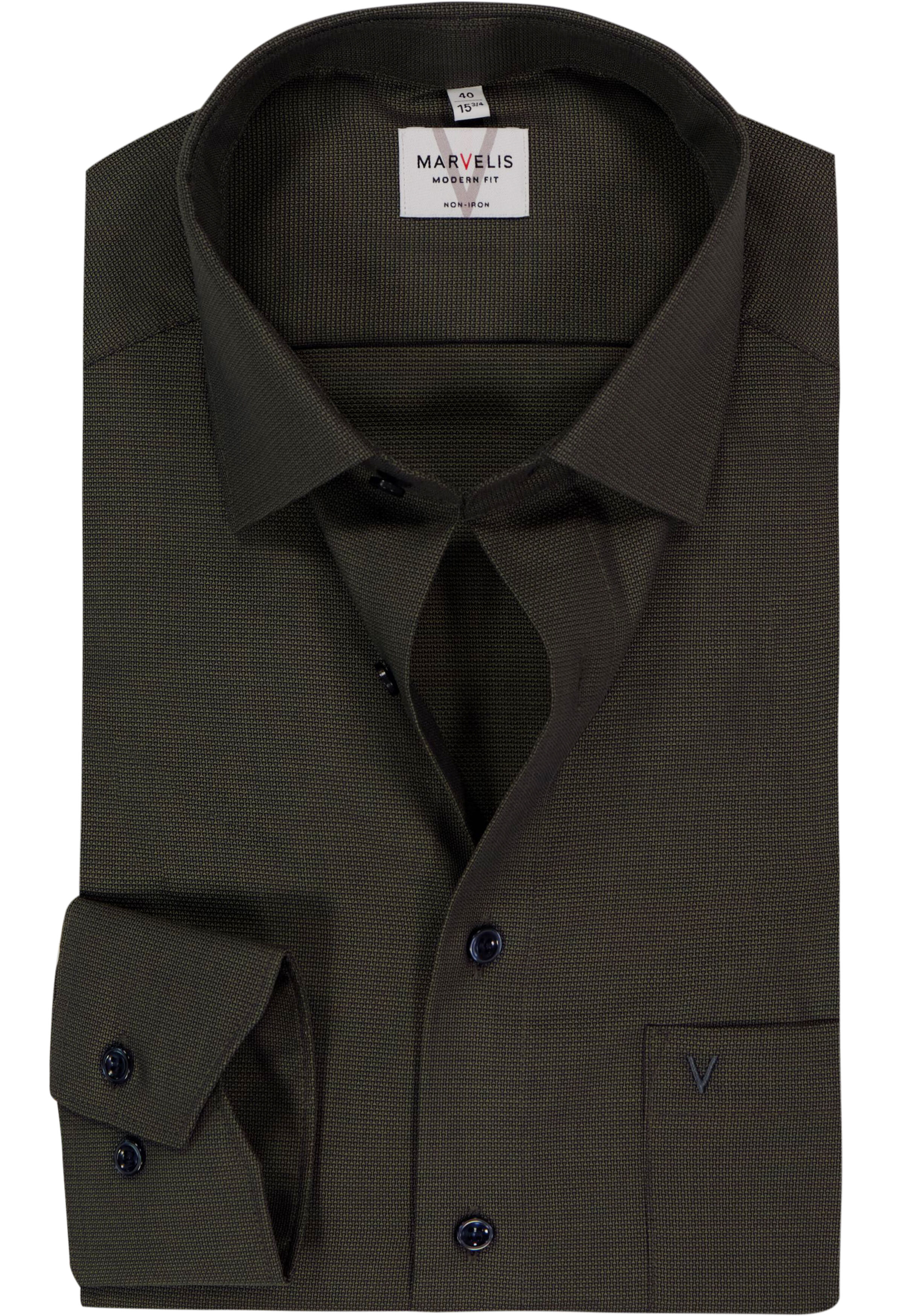 MARVELIS modern fit overhemd, structuur, olijfgroen