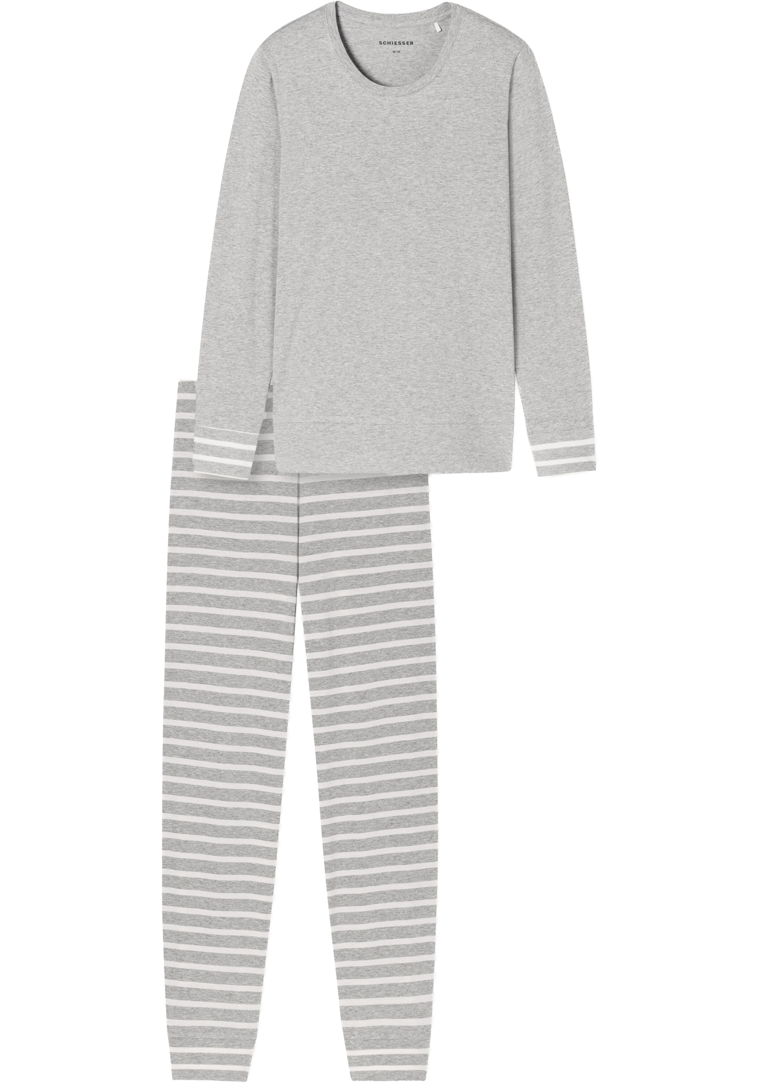 SCHIESSER dames Cotton Essentials Pyjama lang, dames pyjama set, zilvergrijs melange gestreept